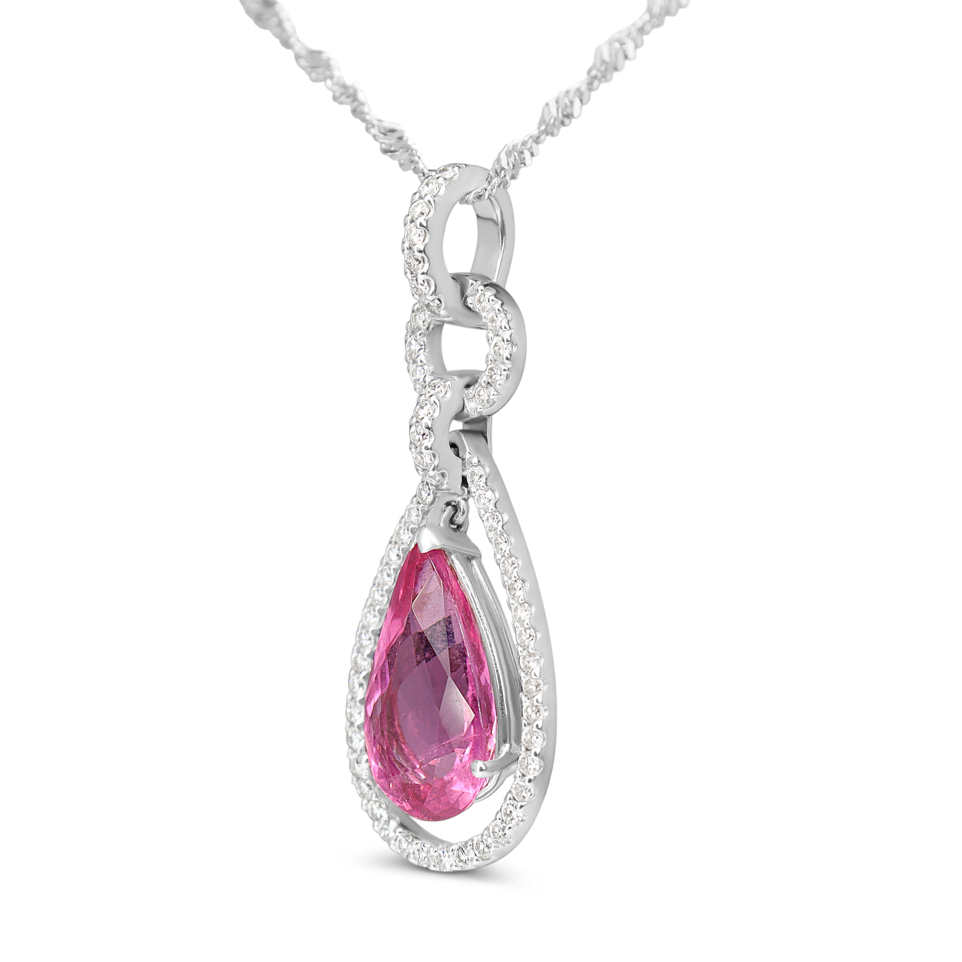 18ct White Gold Pink Tourmaline and Diamond Drop Halo Necklace