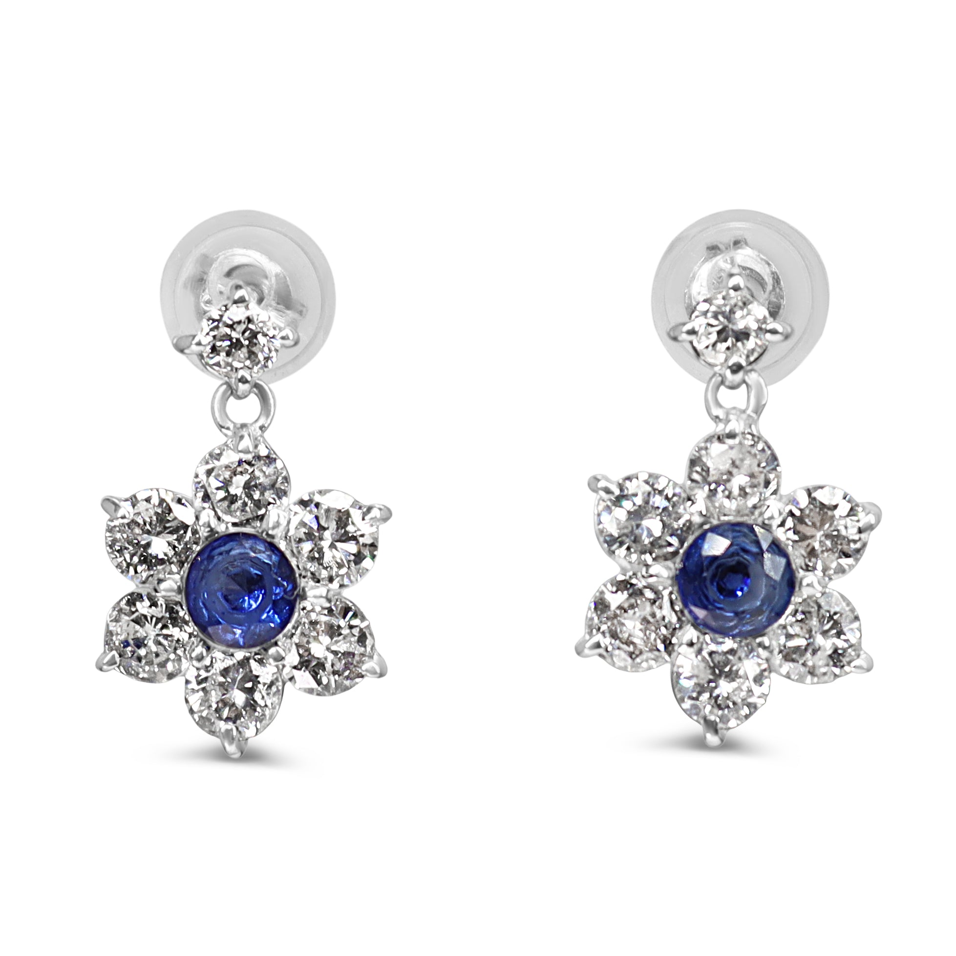 18ct White Gold Sapphire and Diamond Daisy Style Drop Earrings