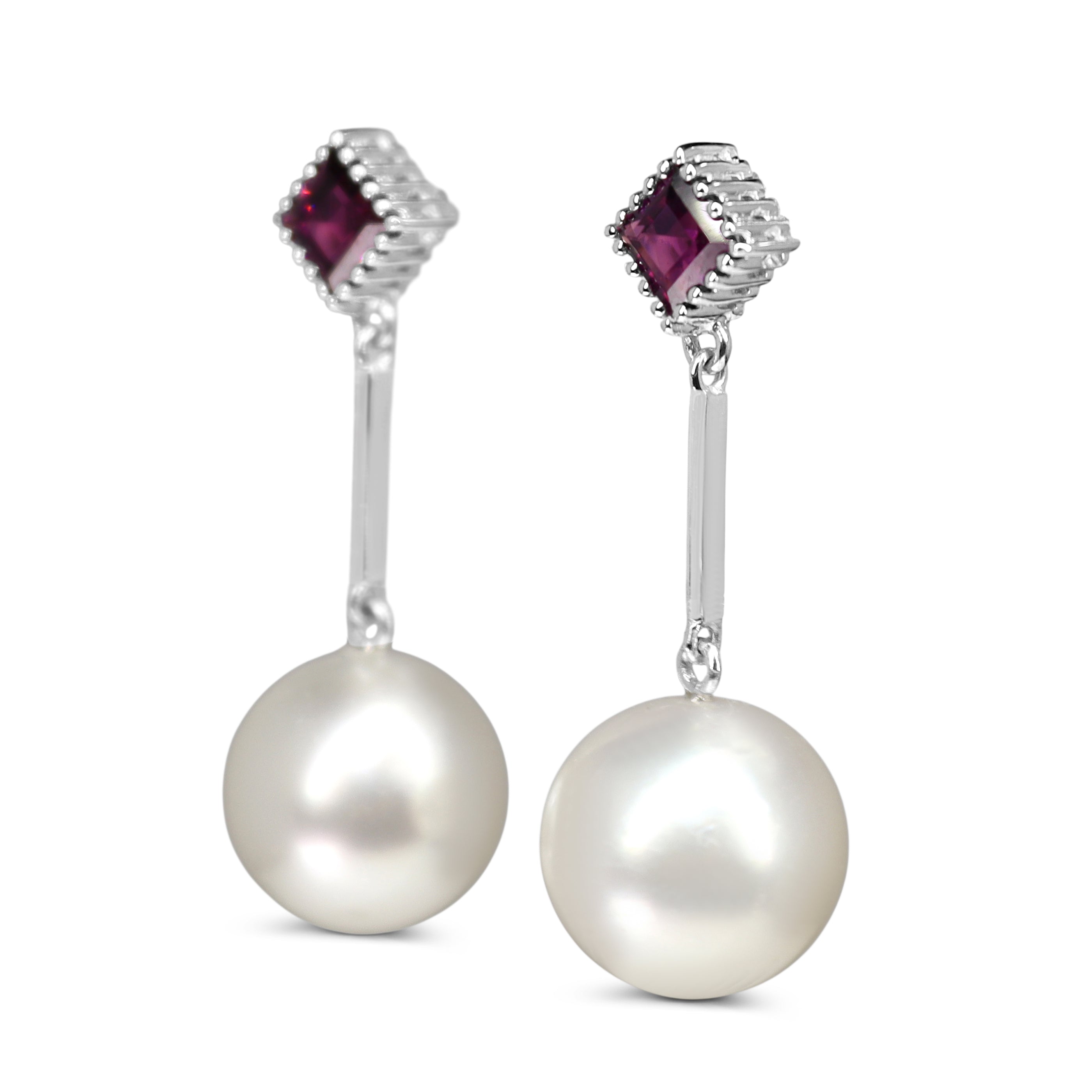 14ct White Gold 11mm South Sea Pearl and Rhodolite Garnet Earrings