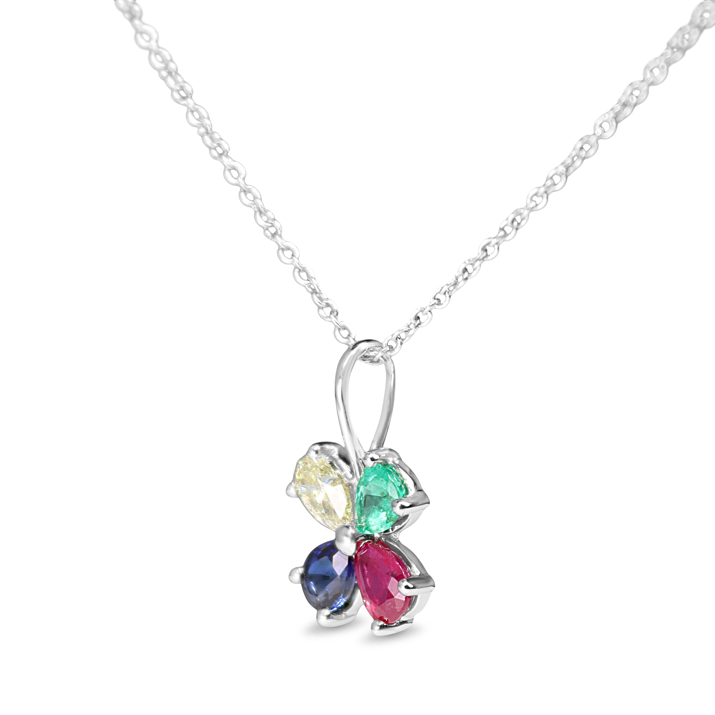 18ct White Gold Sapphire, Emerald, Diamond, Ruby Clover Necklace