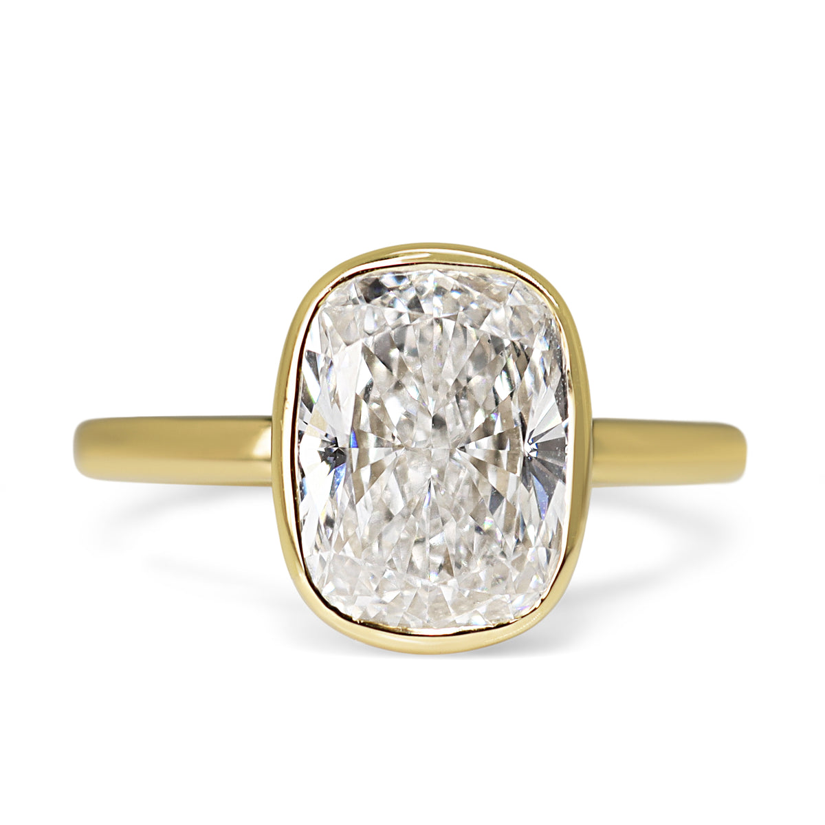 14ct Yellow Gold 3.00ct Lab Grown Cushion Cut Bezel Set Diamond Ring