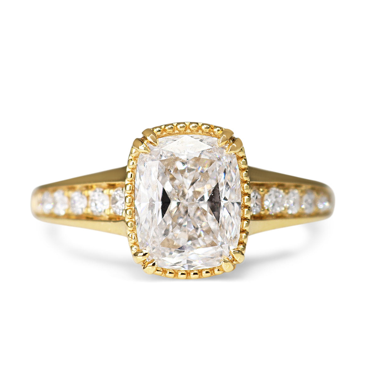 18ct Yellow Gold Lab Grown 2.01ct Cushion and Millgrain Diamond Ring