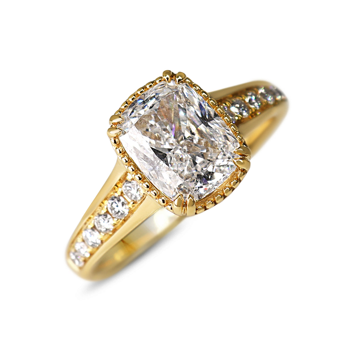 18ct Yellow Gold Lab Grown 2.01ct Cushion and Millgrain Diamond Ring