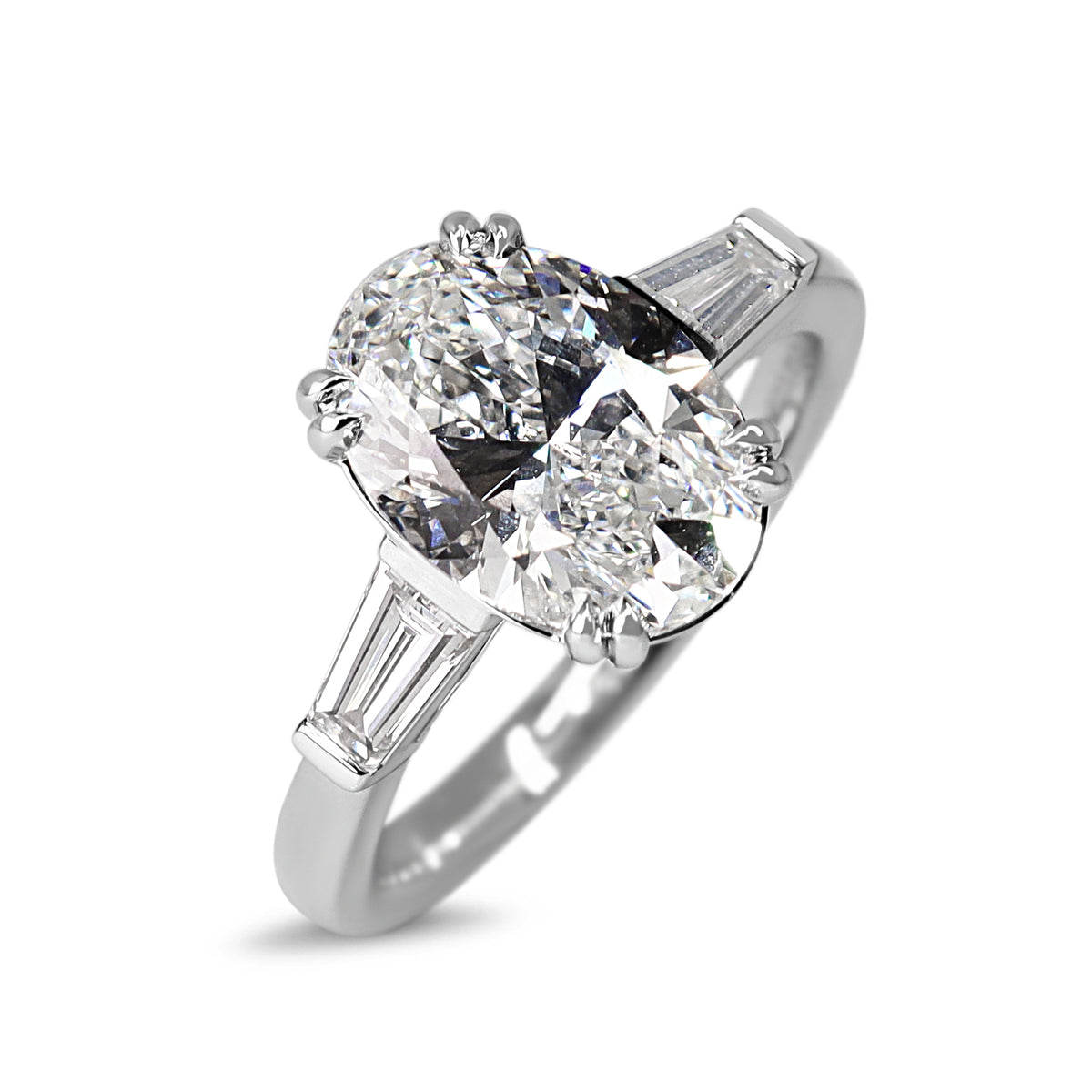 14ct White Gold 3.01ct Lab Grown Oval Diamond and Tapered Baguette 3 Stone Ring