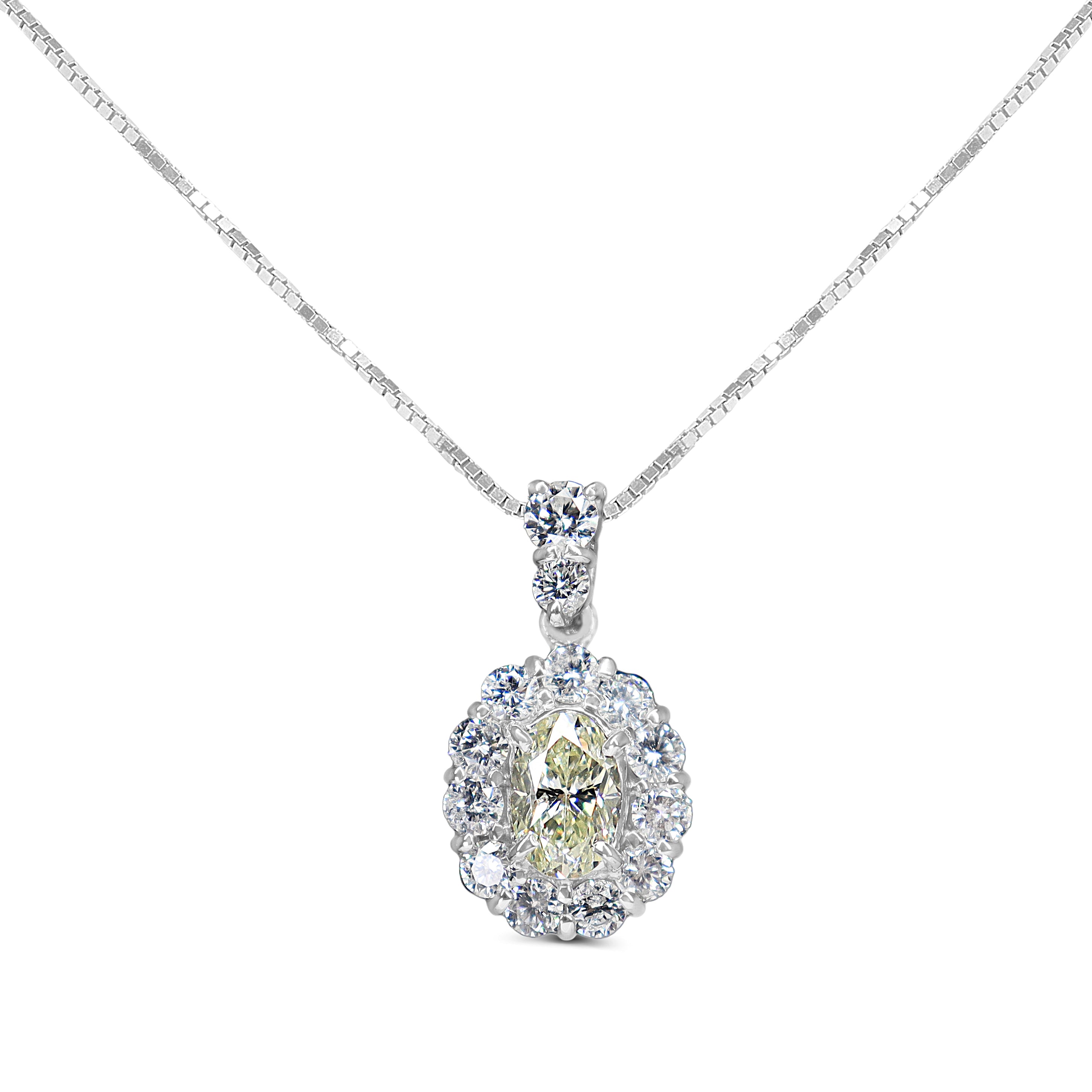 Platinum Yellow and White Diamond Oval Halo Cluster Necklace