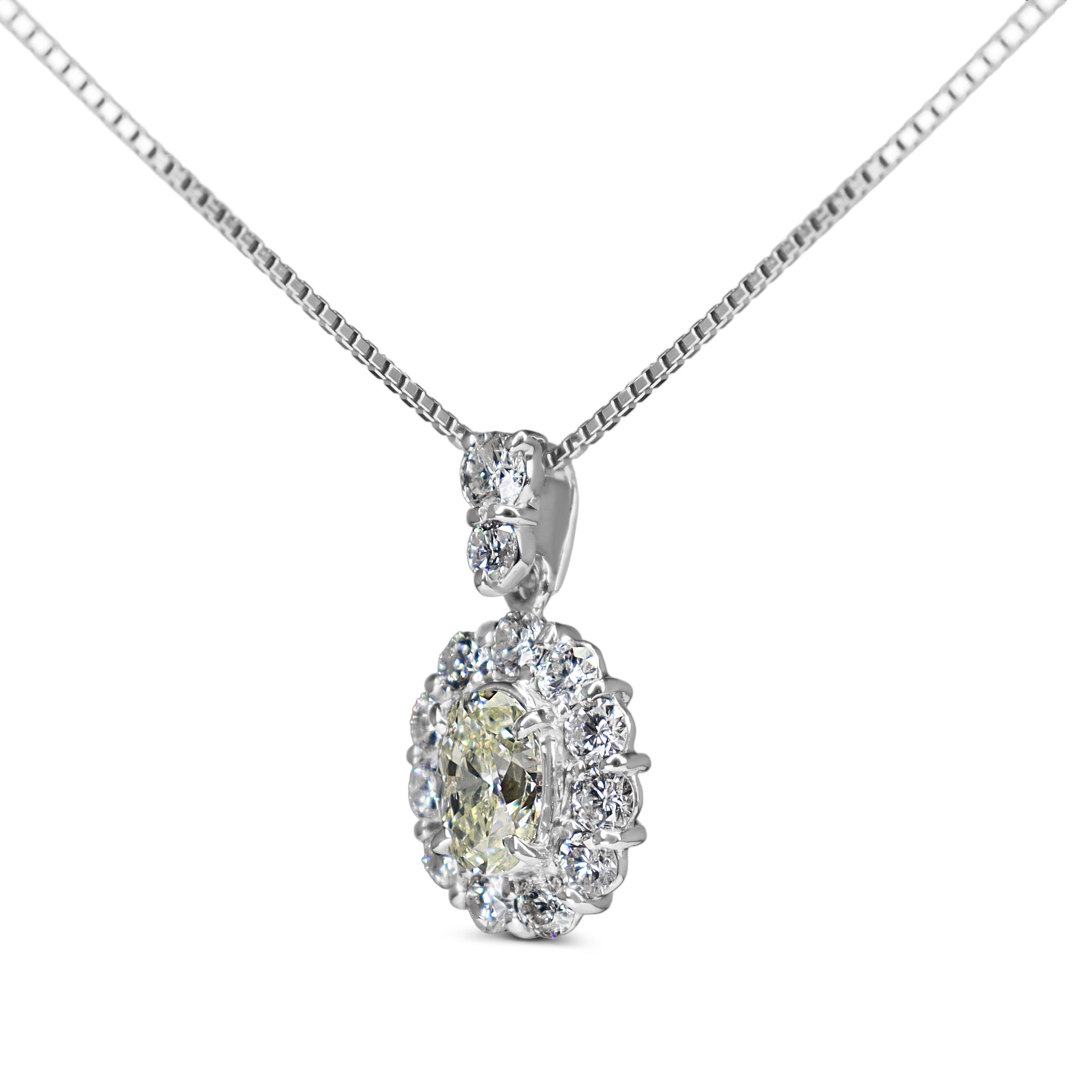 Platinum Yellow and White Diamond Oval Halo Cluster Necklace