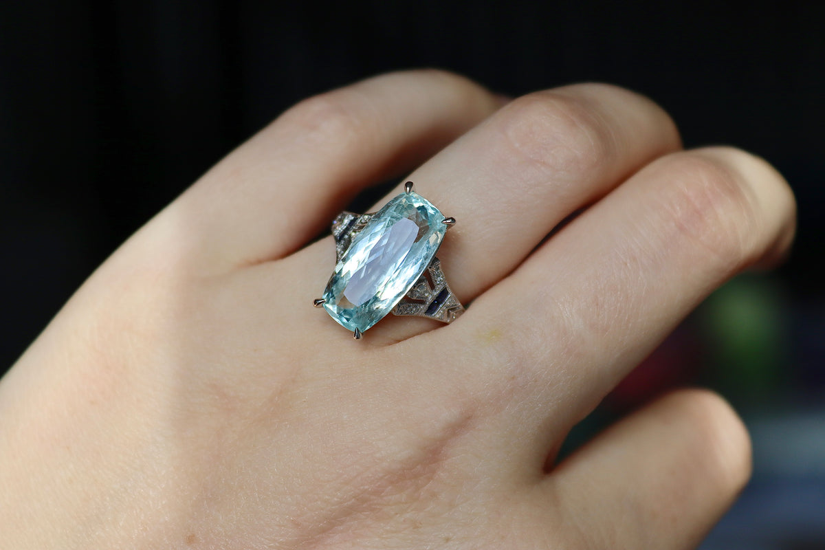 18ct White Gold Aquamarine, Sapphire and Diamond Art Deco Style Ring
