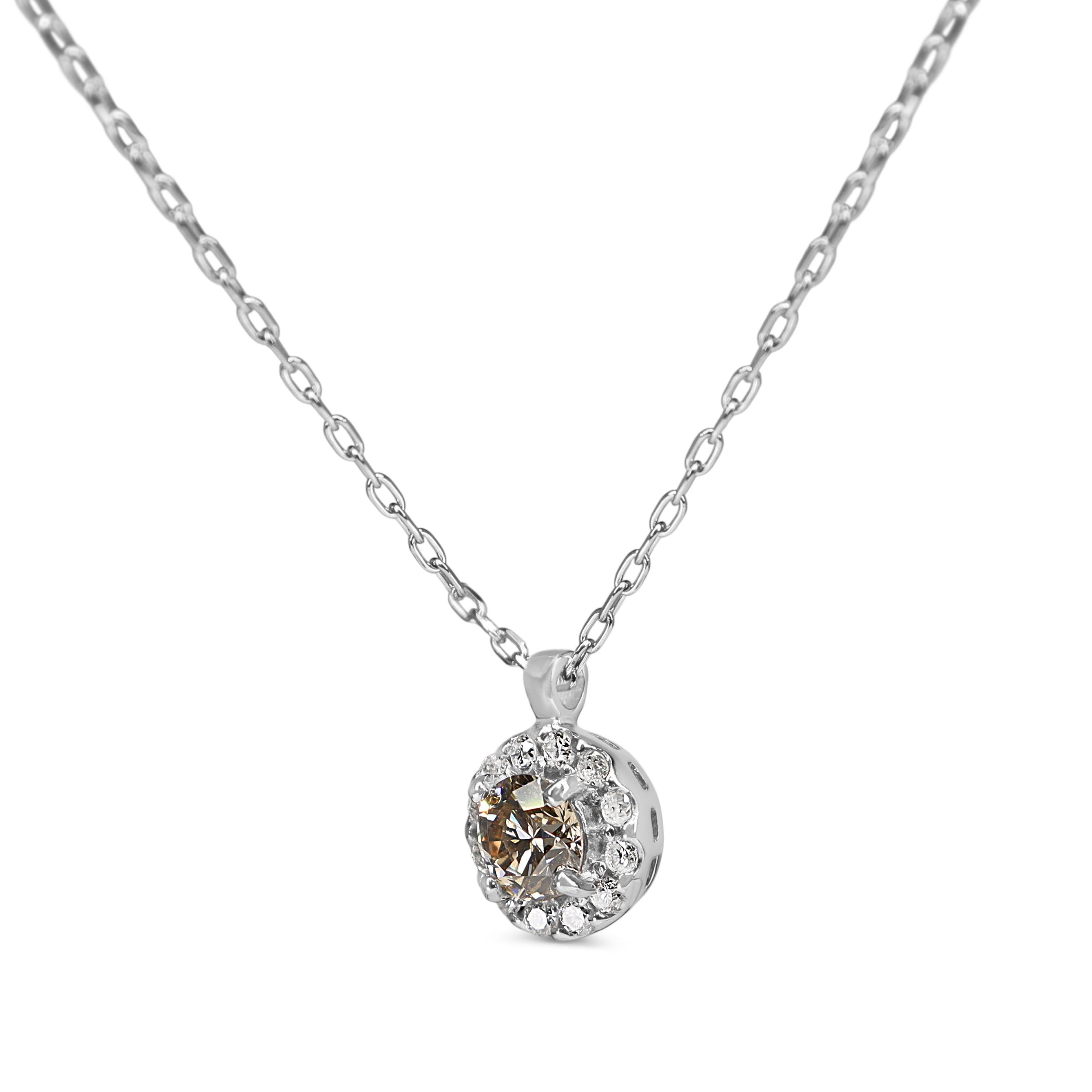 Platinum Champagne and White Diamond Halo Necklace