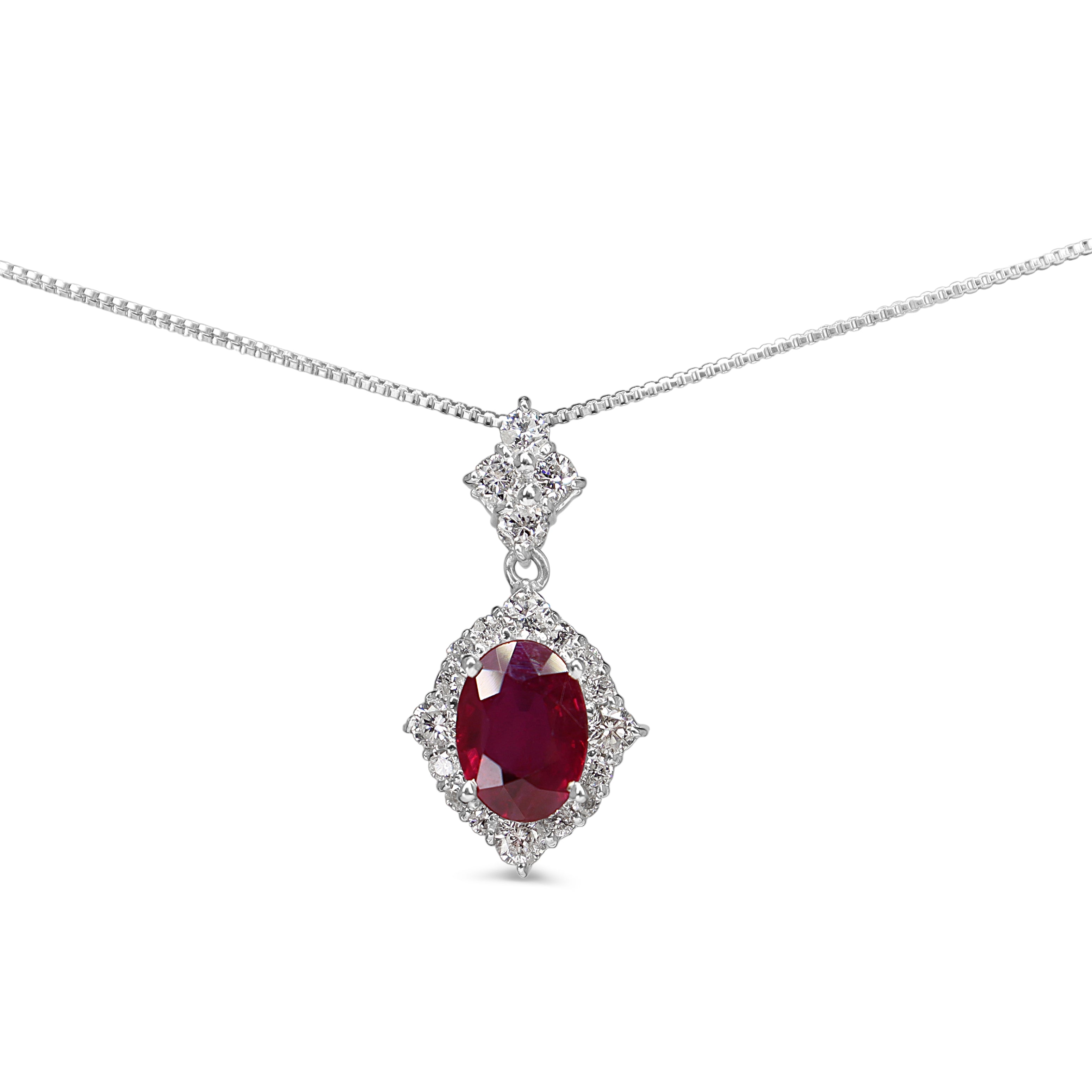 Platinum Ruby and Diamond Vintage Style Halo Necklace