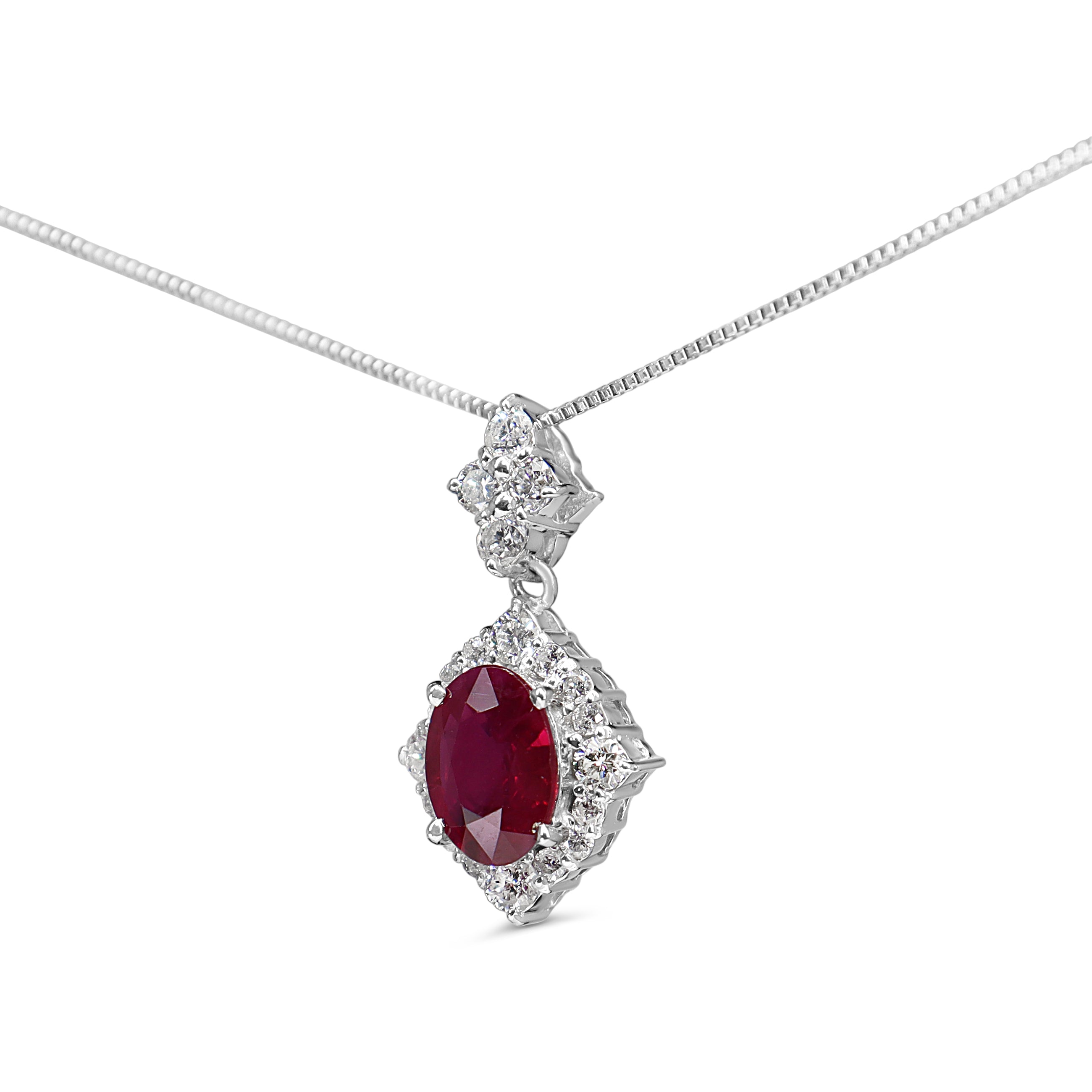 Platinum Ruby and Diamond Vintage Style Halo Necklace