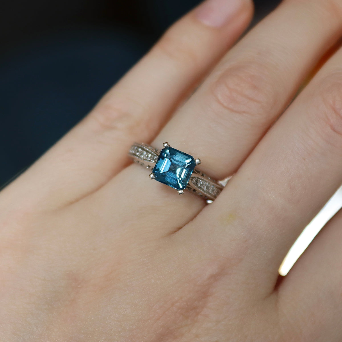 Platinum Blue Topaz and Diamond Solitaire Ring with Filigree