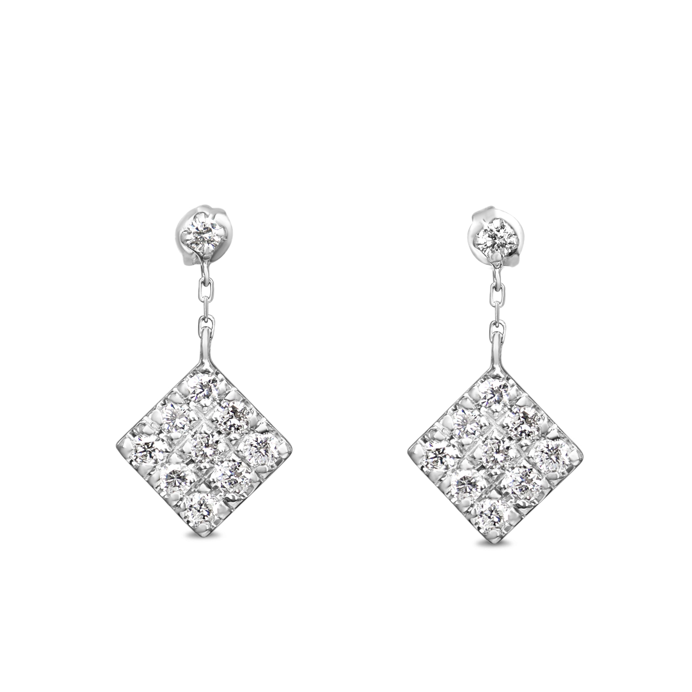 Platinum Diamond Tilted Square Cluster Diamond Drop Earrings