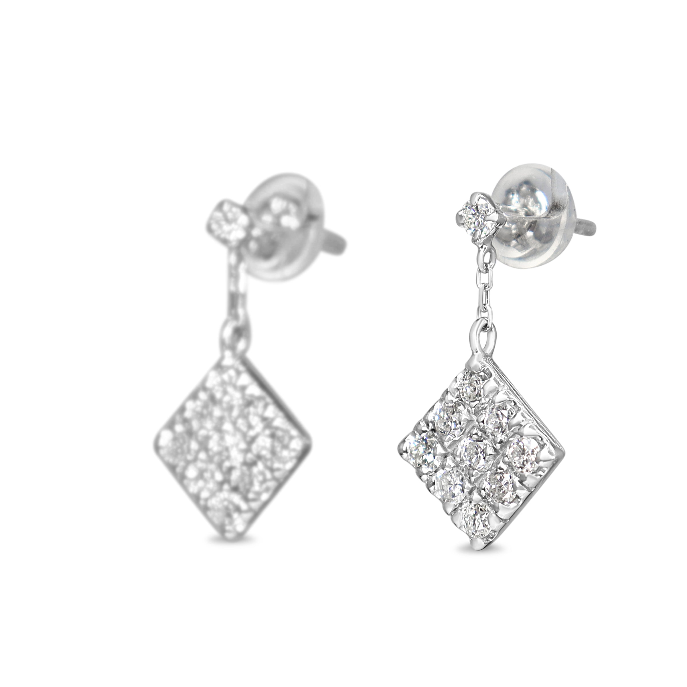 Platinum Diamond Tilted Square Cluster Diamond Drop Earrings