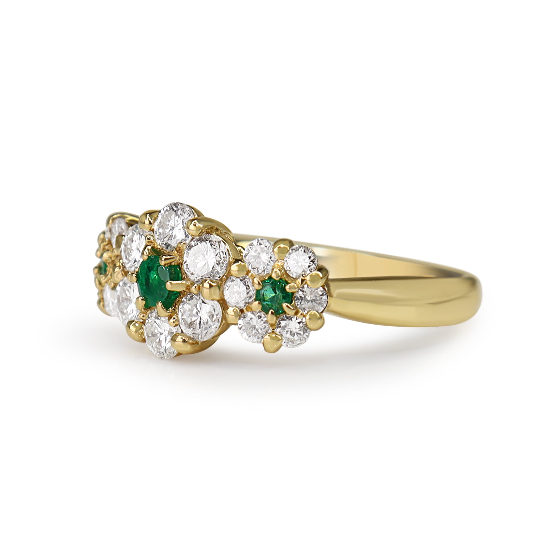 18ct Yellow Gold Emerald and Diamond Triple Daisy Style Ring