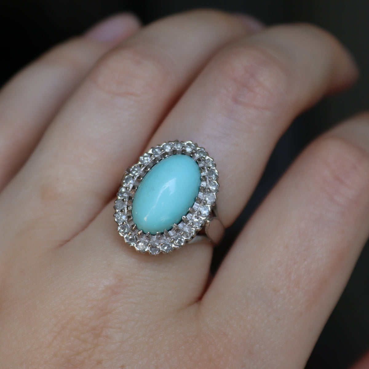 Palladium Turquoise and Single Cut Diamond Vintage Halo Ring