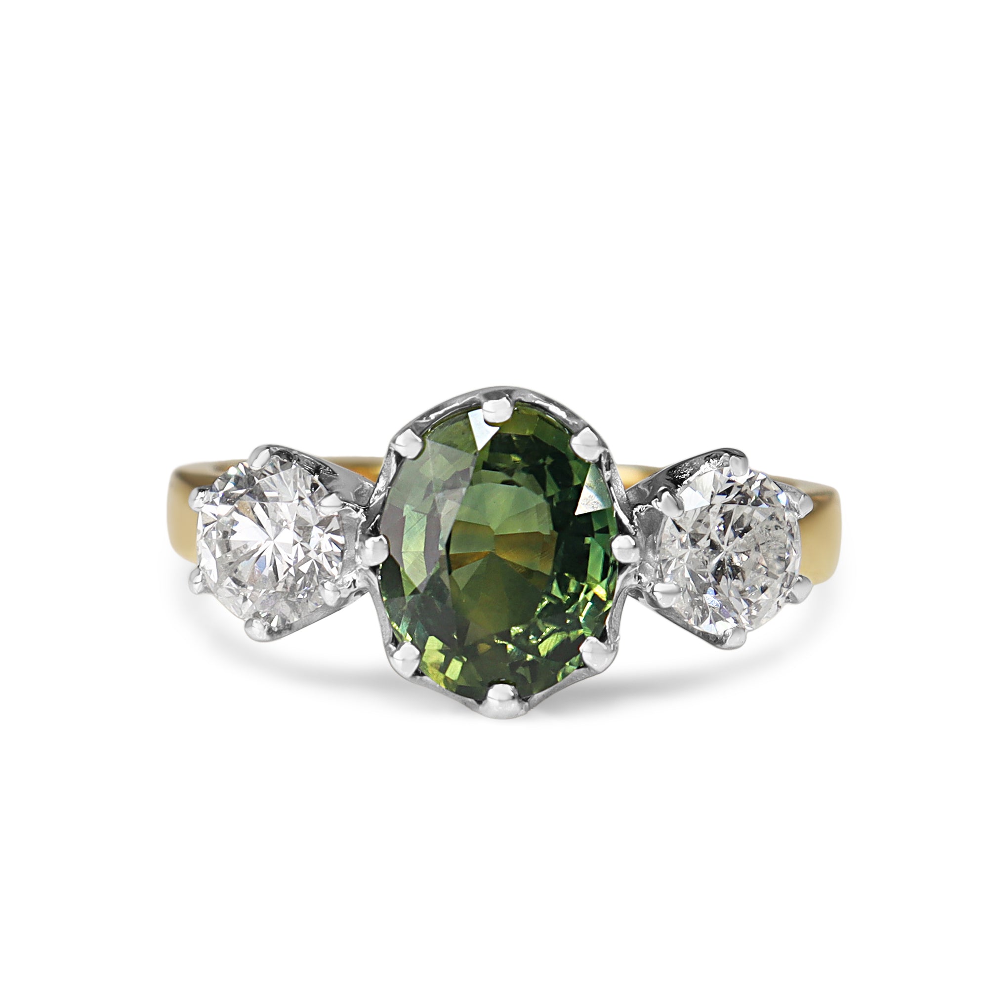 18ct Yellow and White Gold 3 Stone Green Sapphire and Diamond Ring