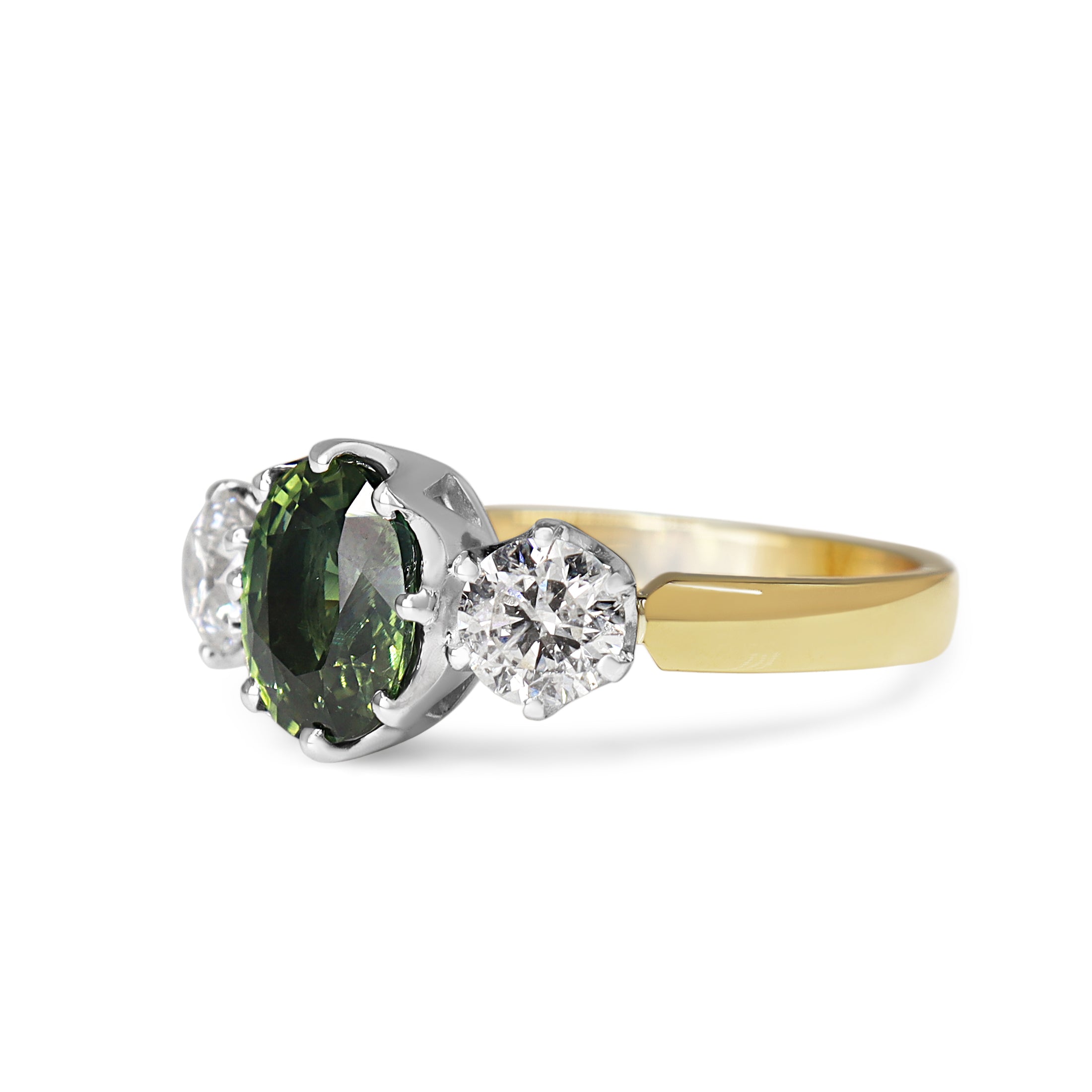 18ct Yellow and White Gold 3 Stone Green Sapphire and Diamond Ring