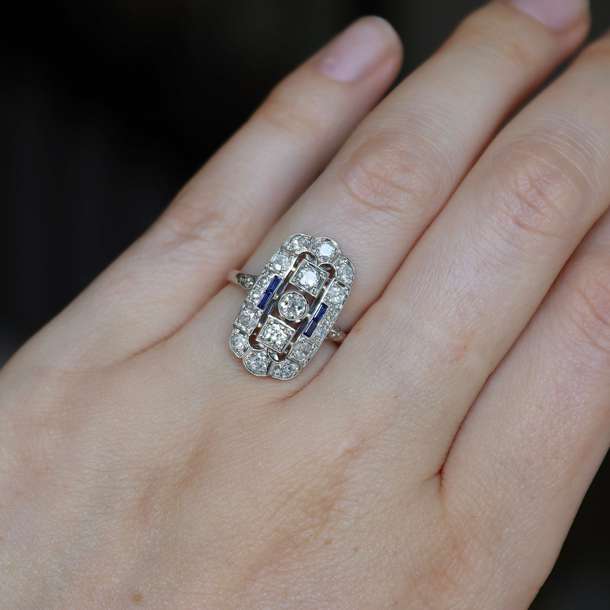 18ct White Gold Deco Style Old Cut Diamond and Sapphire Ring
