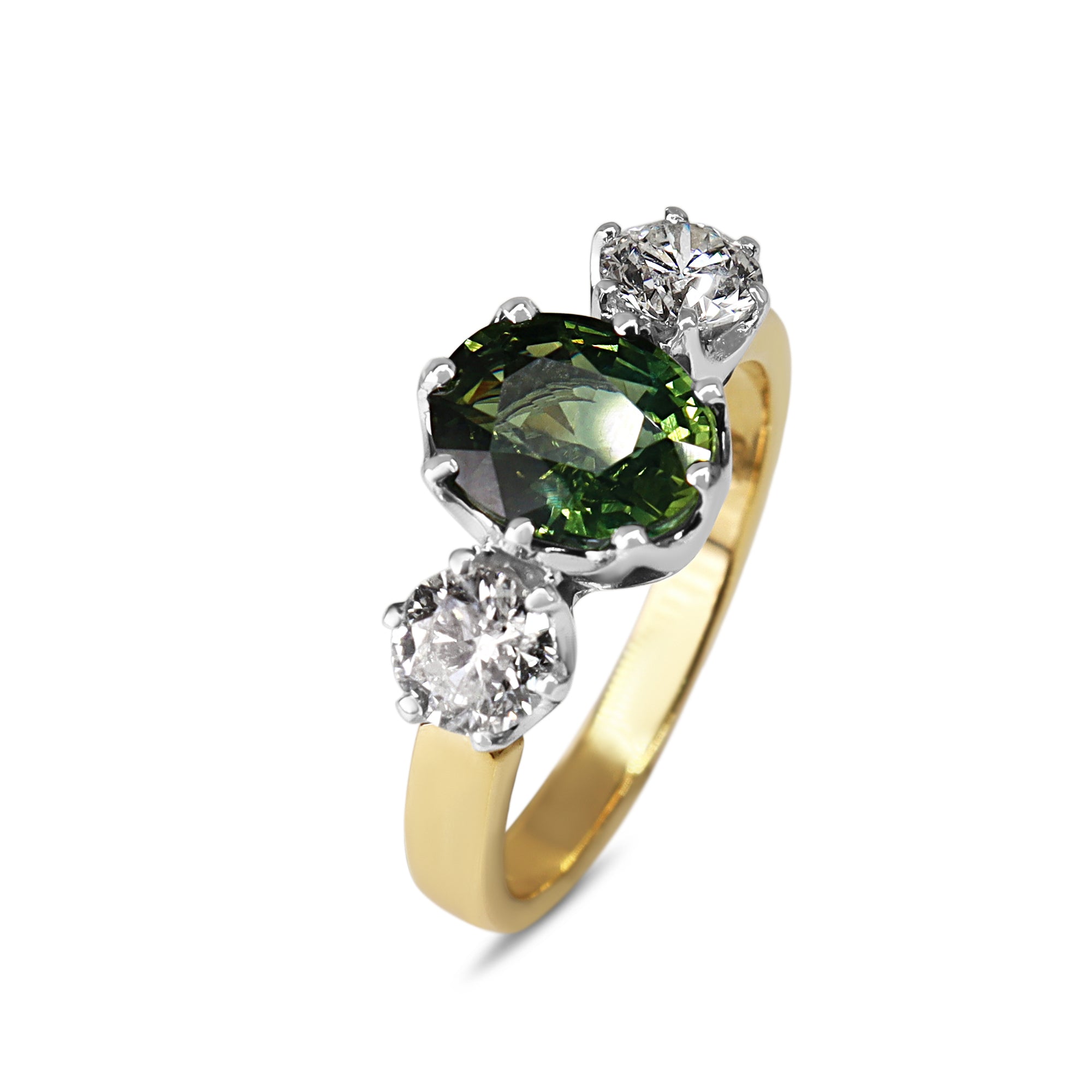 18ct Yellow and White Gold 3 Stone Green Sapphire and Diamond Ring