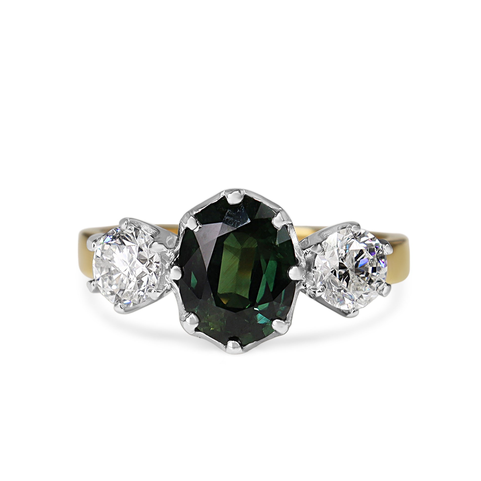 18ct Yellow and White Gold Green Sapphire and Diamond Vintage Style 3 Stone Ring
