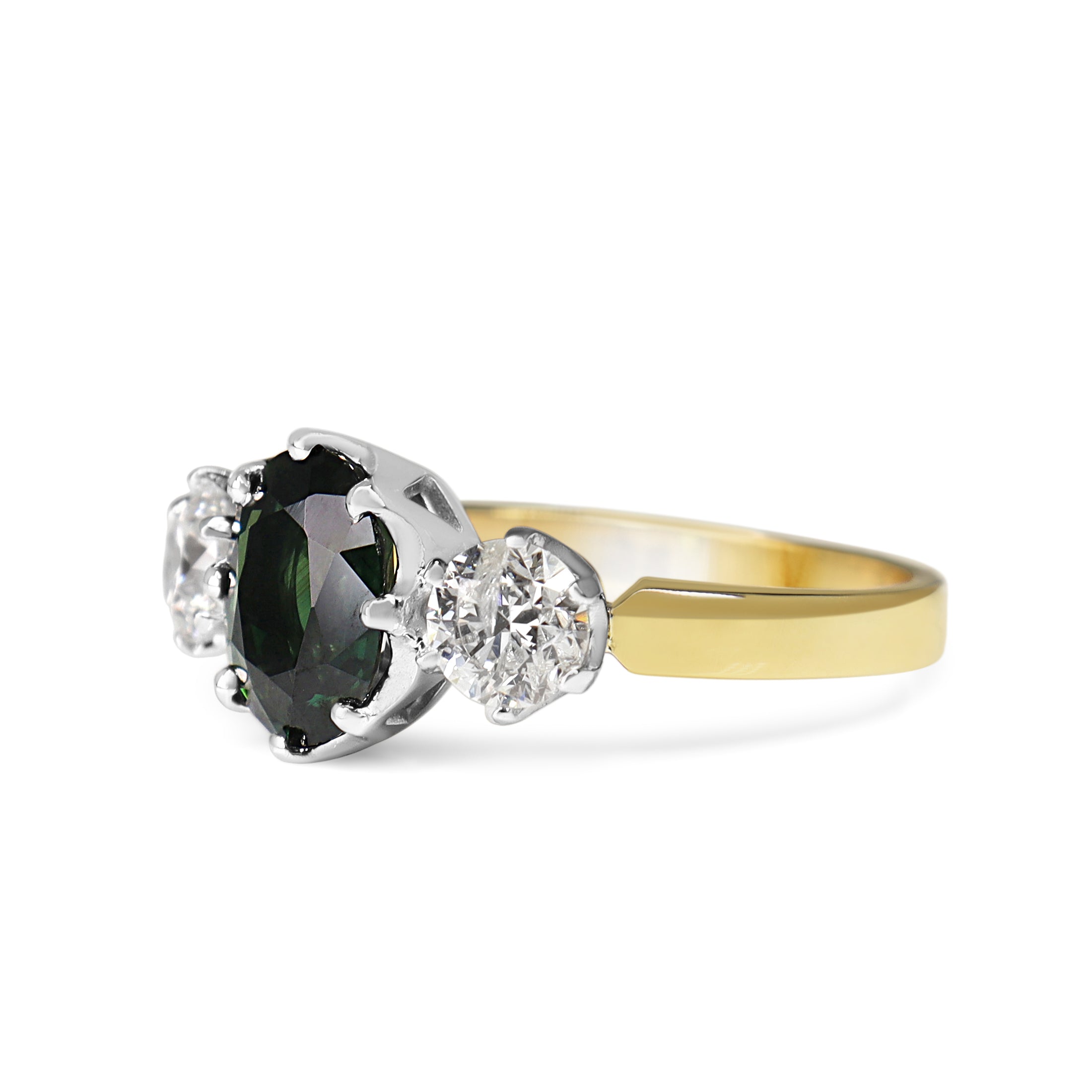 18ct Yellow and White Gold Green Sapphire and Diamond Vintage Style 3 Stone Ring