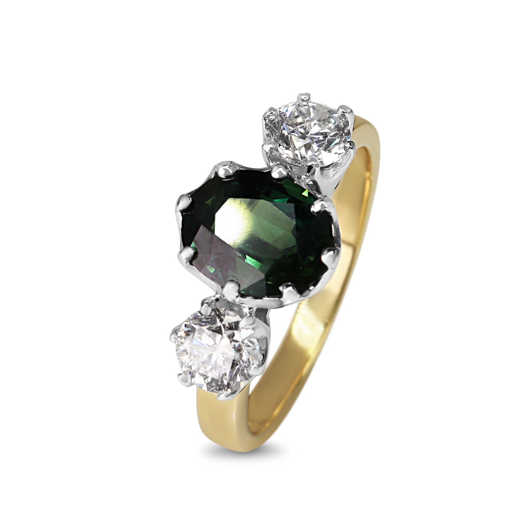 18ct Yellow and White Gold Green Sapphire and Diamond Vintage Style 3 Stone Ring
