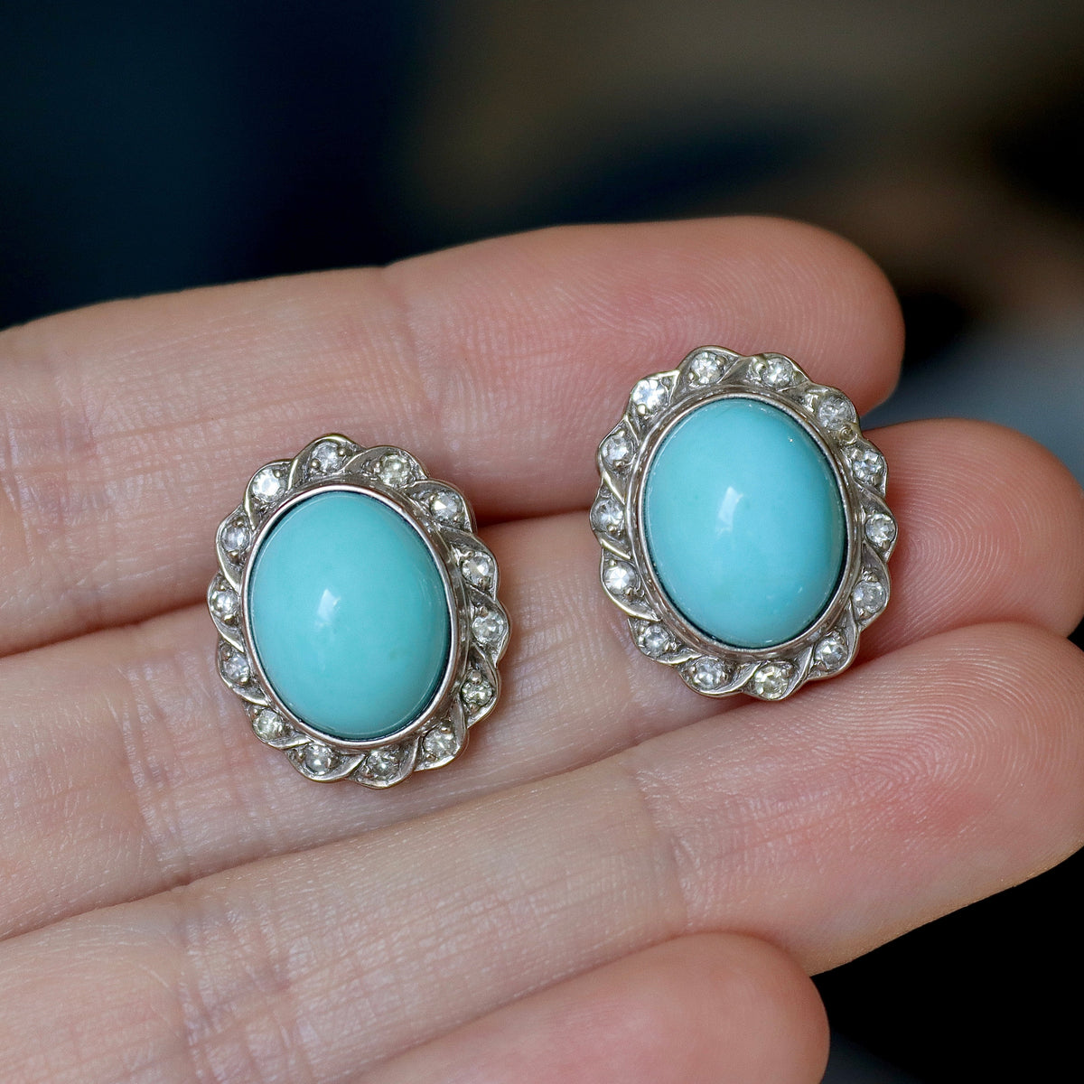 Palladium Vintage Turquoise and Single Cut Diamond Halo Earrings