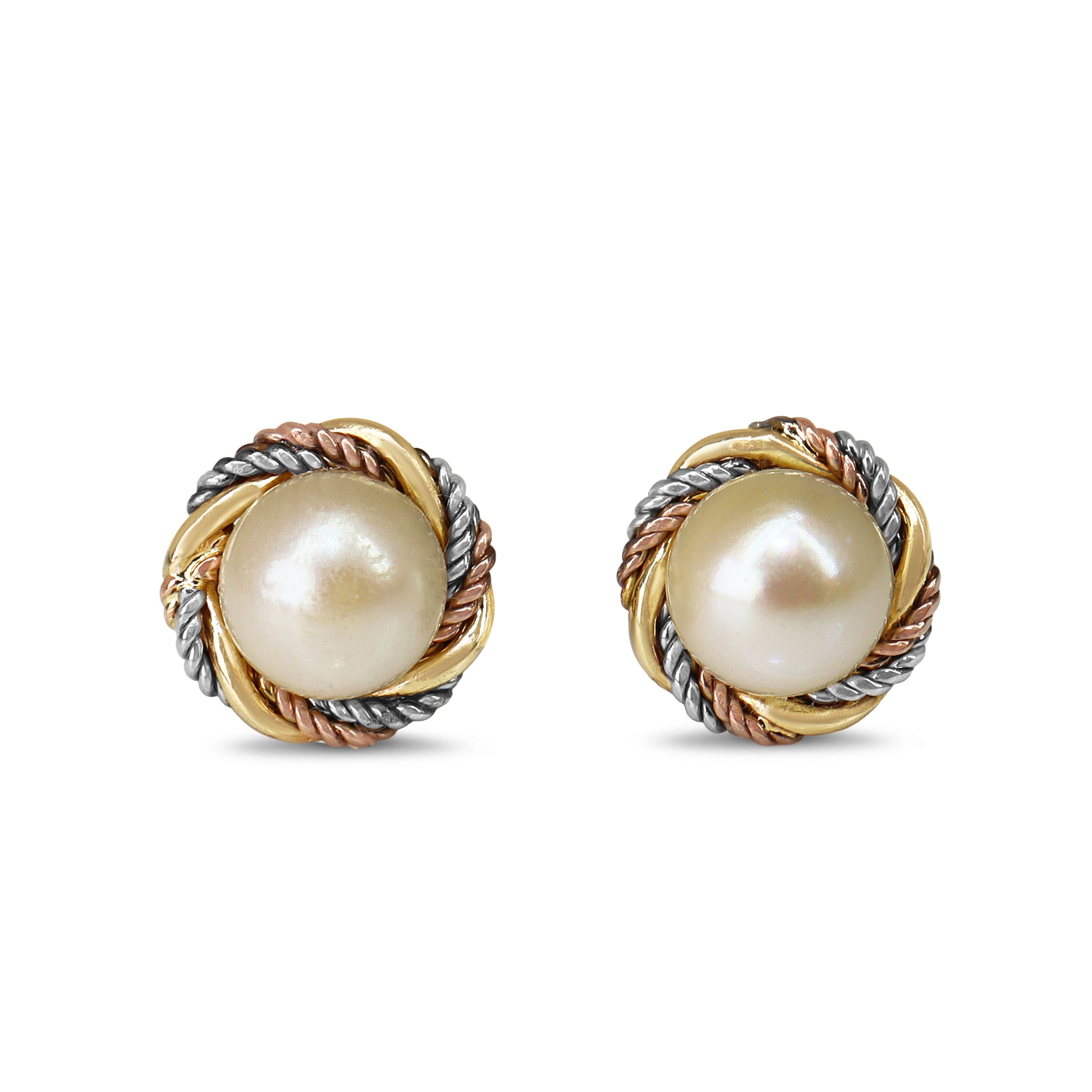 9ct Yellow Gold 3 Tone Rose, White and Yellow Gold Twist Fresh Water Pearl Stud Earrings