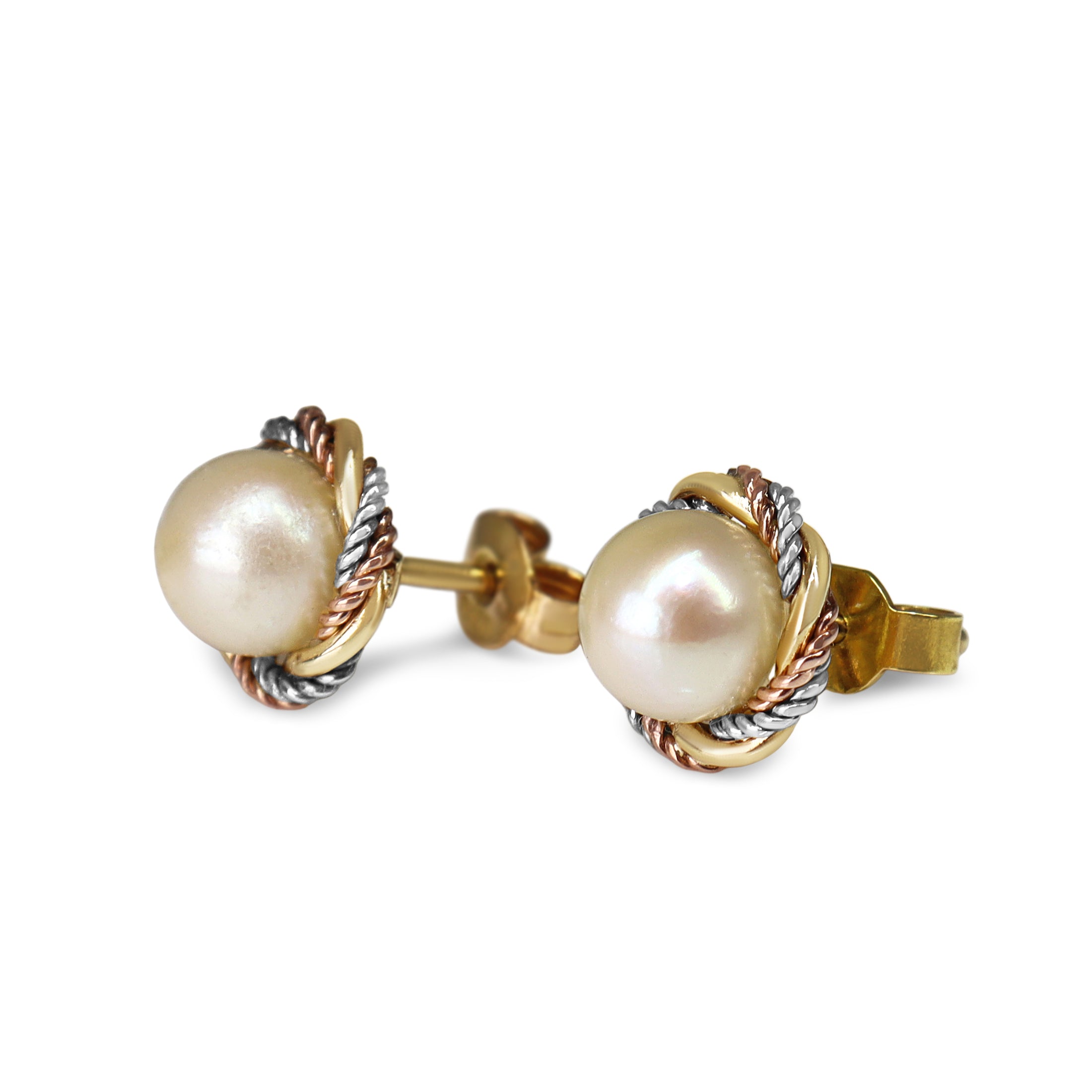 9ct Yellow Gold 3 Tone Rose, White and Yellow Gold Twist Fresh Water Pearl Stud Earrings