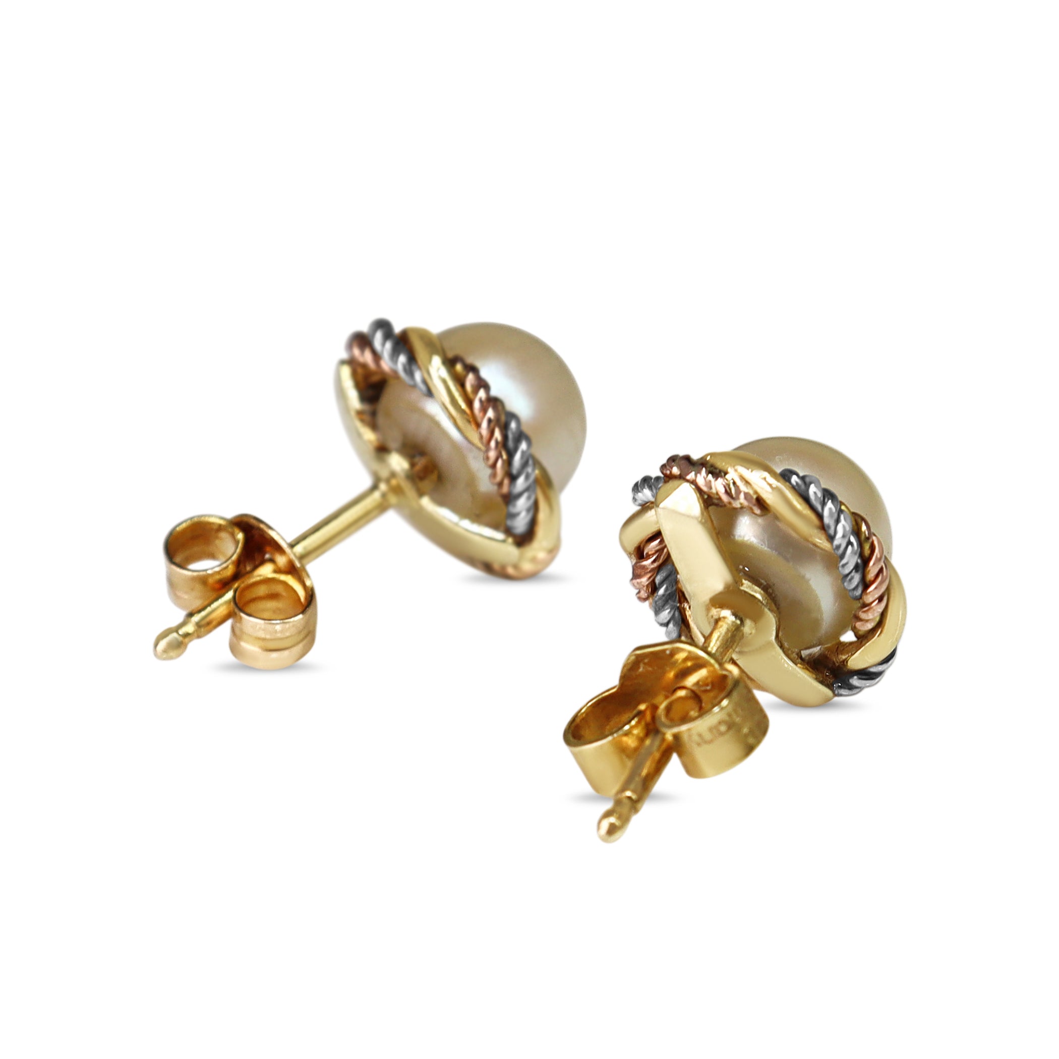 9ct Yellow Gold 3 Tone Rose, White and Yellow Gold Twist Fresh Water Pearl Stud Earrings