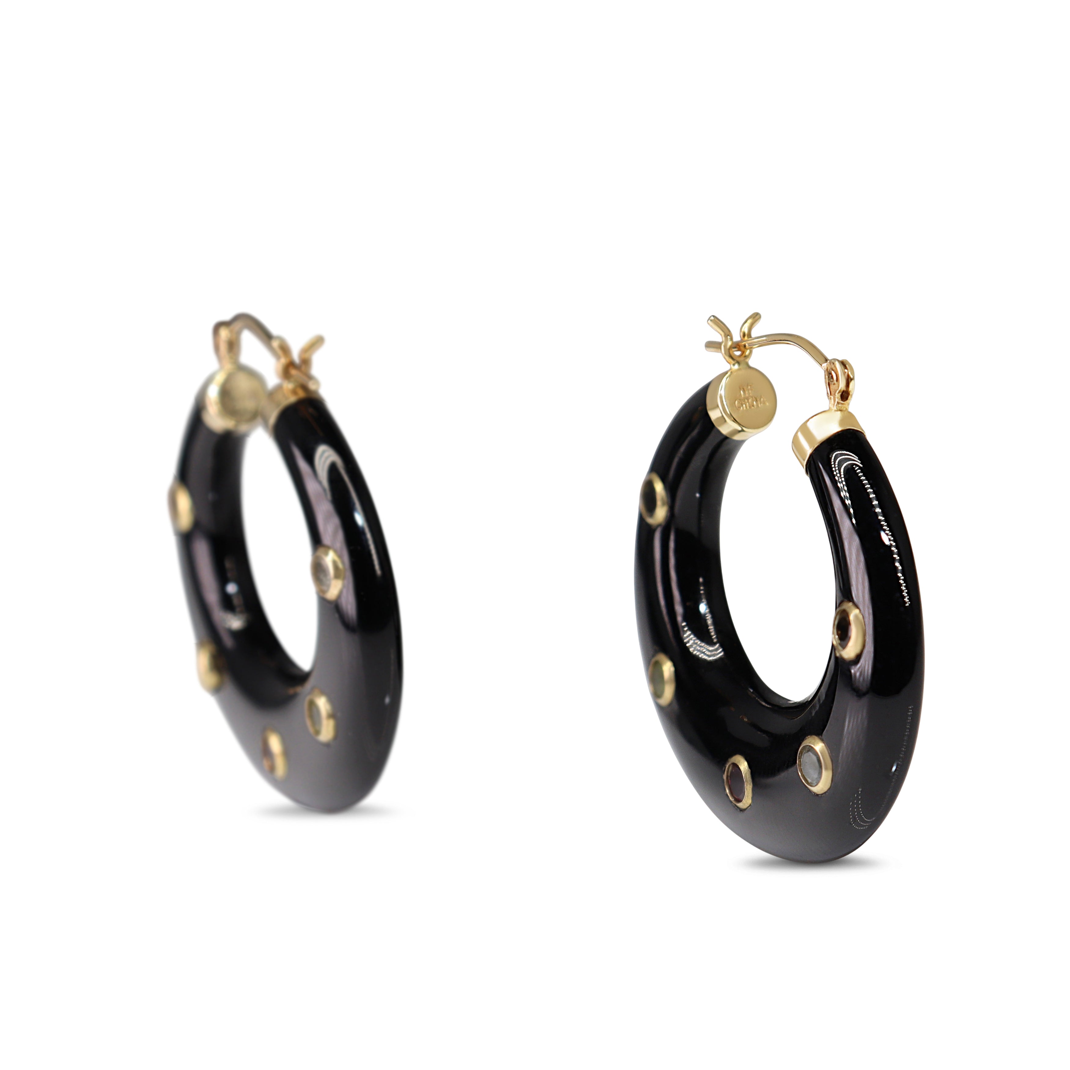 14ct Yellow Gold Onyx, Citrine, Peridot, Topaz and Quartz Hoop Earrings