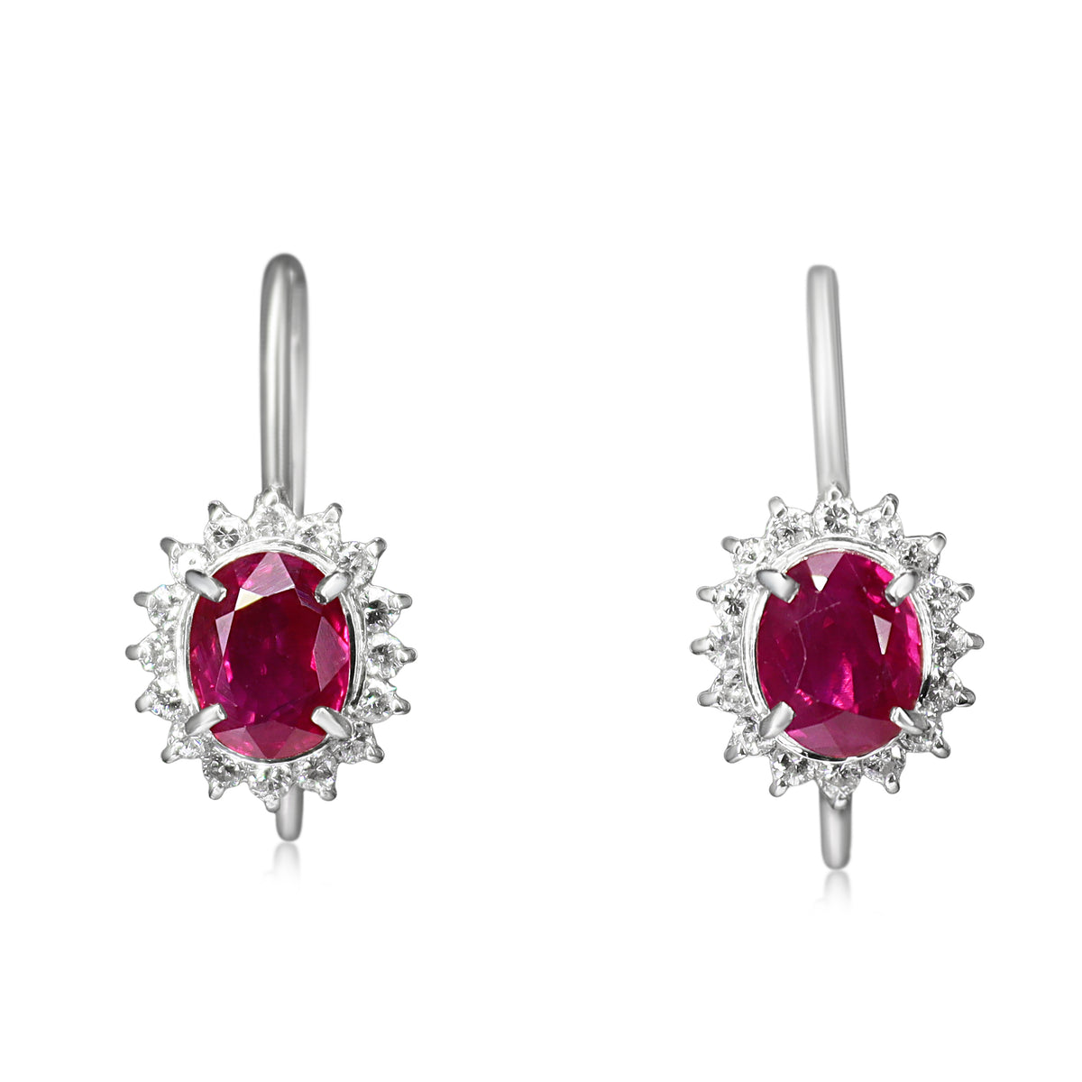 Platinum Ruby and Diamond Halo Drop Earrings