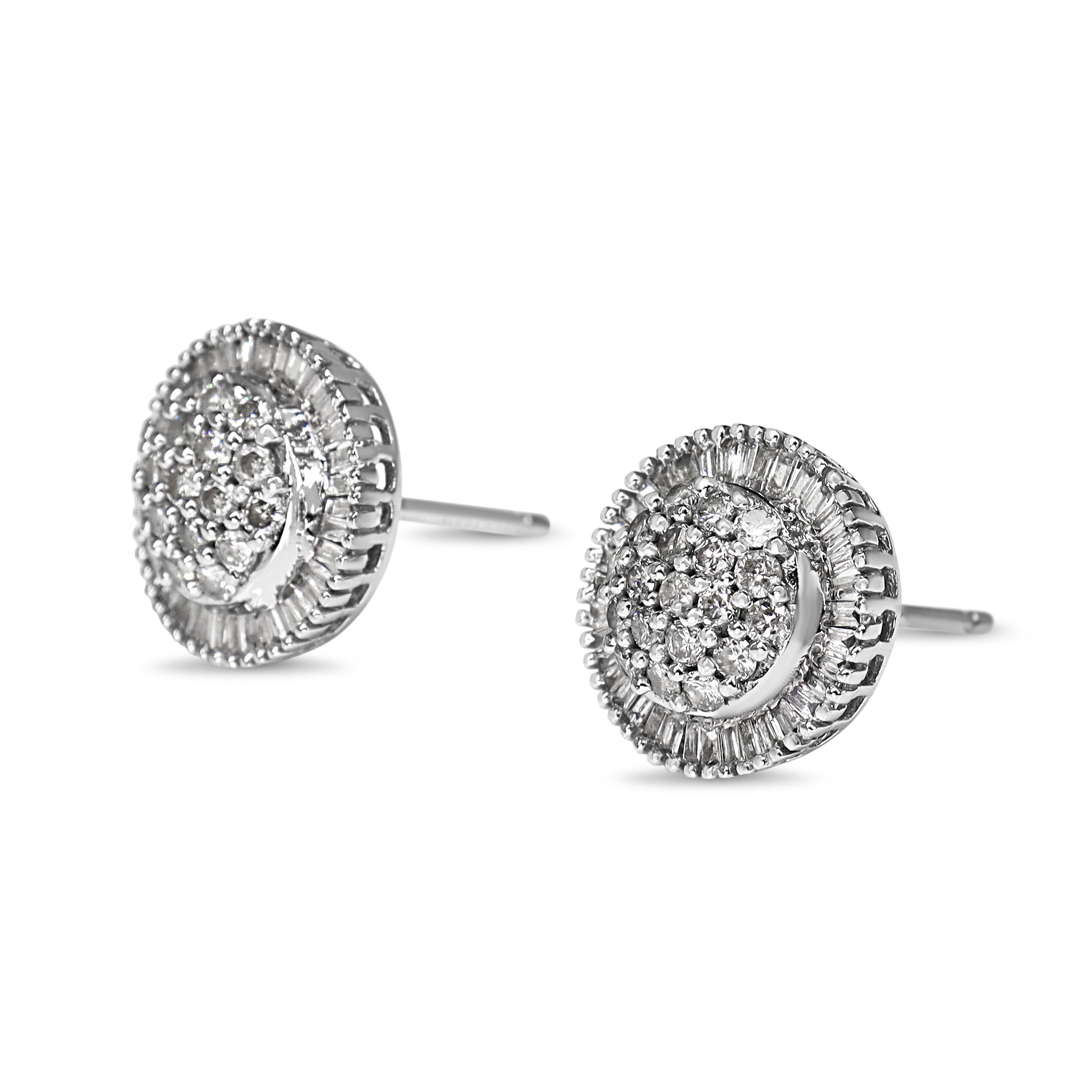 9ct White Gold Baguette and Brilliant Cut Diamond Cluster Stud Earrings