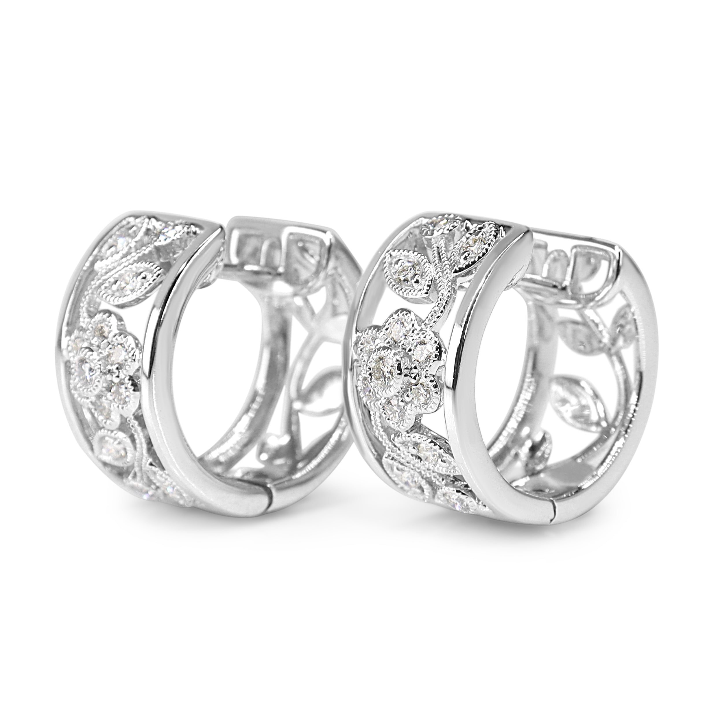9ct White Gold Floral Diamond Hoop Earrings