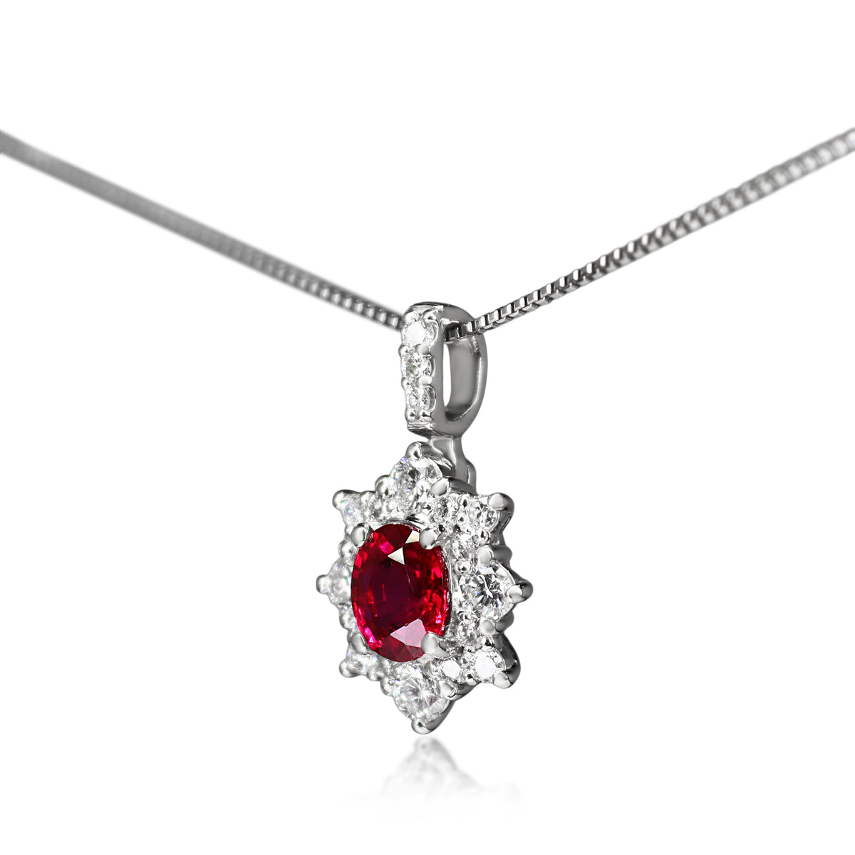 Platinum Ruby and Diamond Halo Necklace