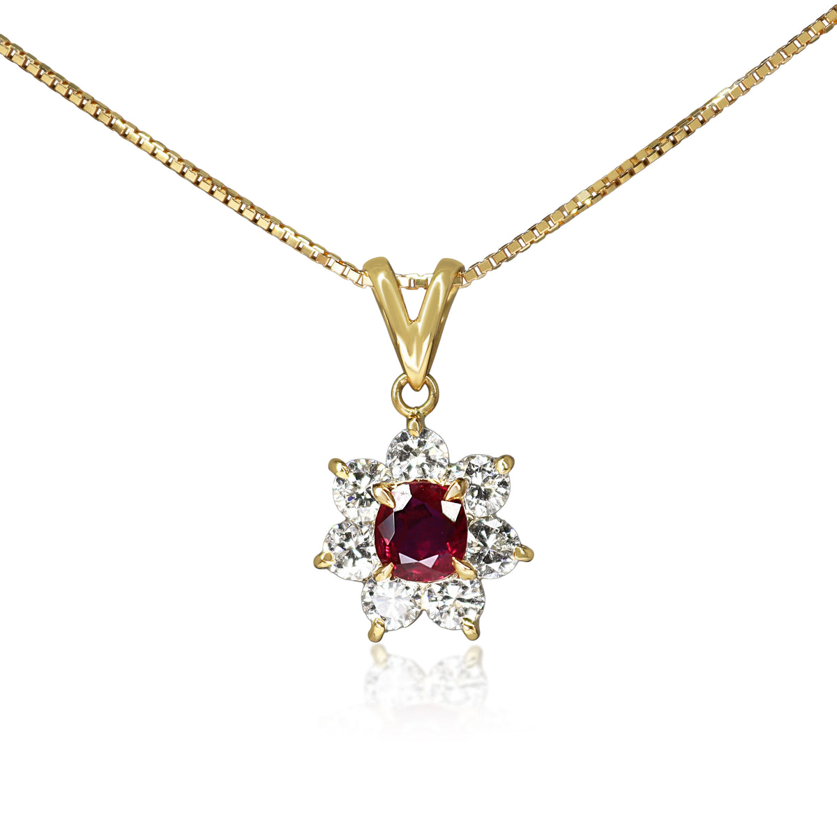 18ct Yellow Gold Ruby and Diamond Cluster Necklace