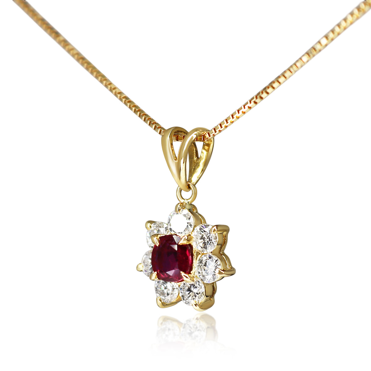18ct Yellow Gold Ruby and Diamond Cluster Necklace