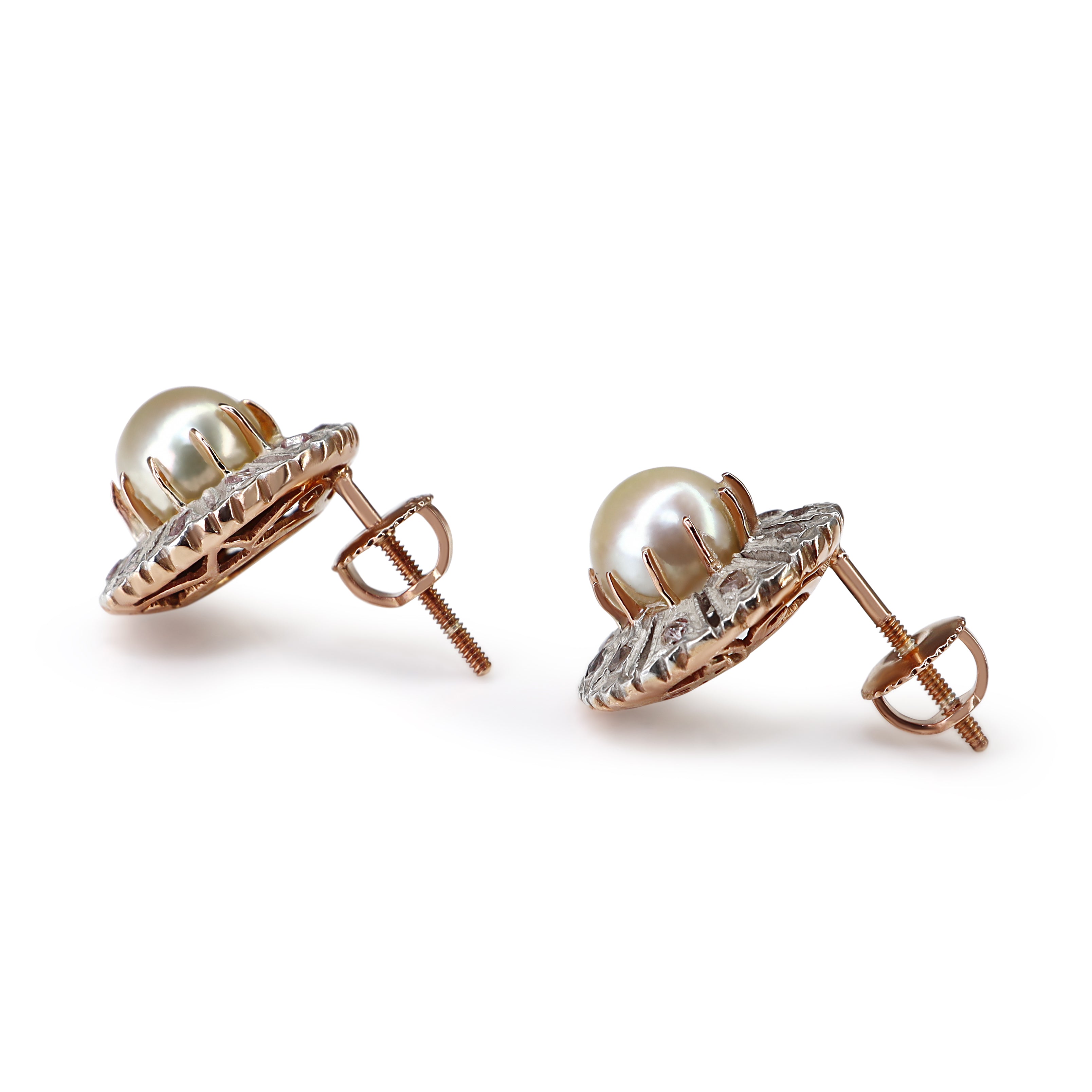 14ct Rose Gold Antique Rose Cut Diamond and Pearl Earrings
