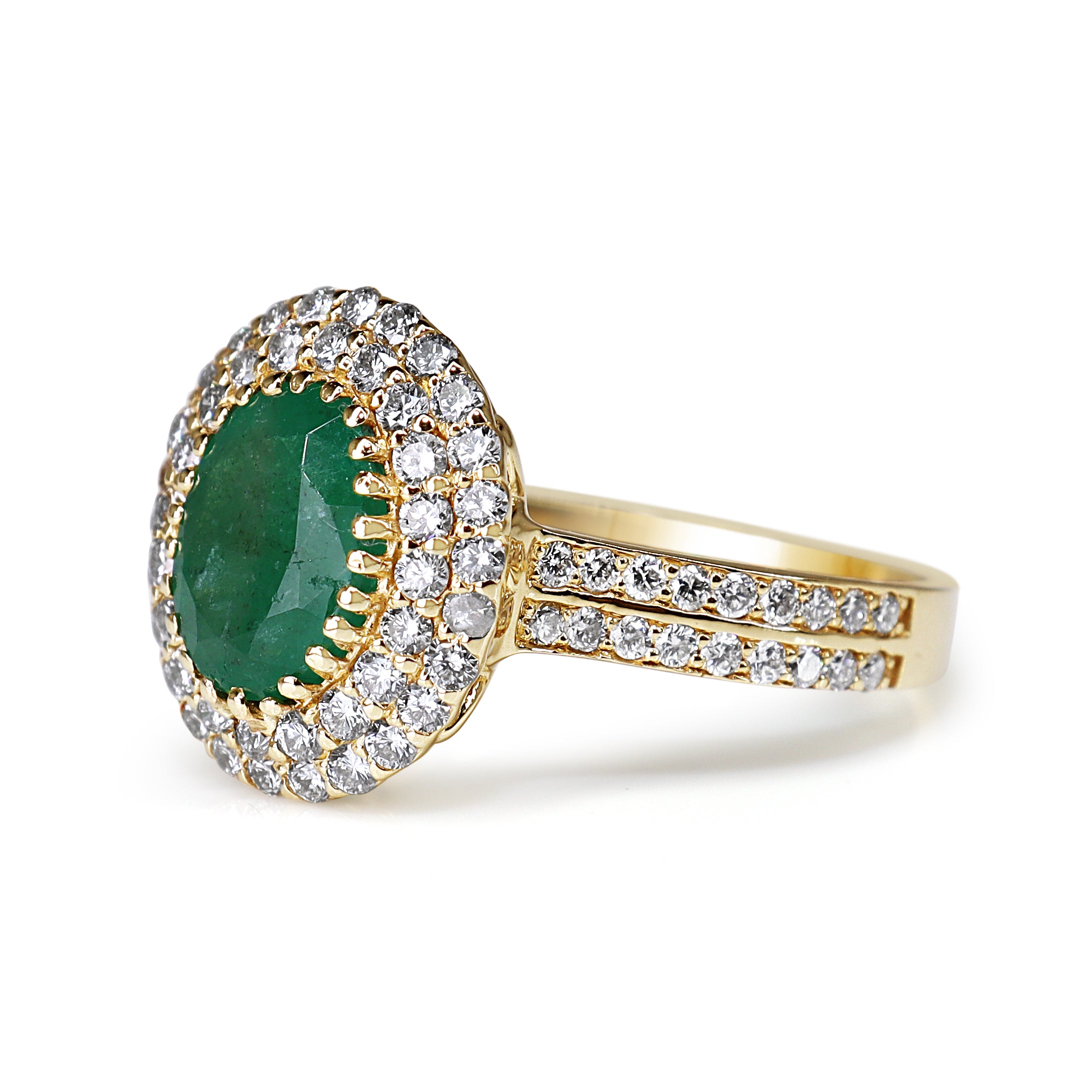 18ct Yellow Gold Emerald and Double Diamond Halo Ring