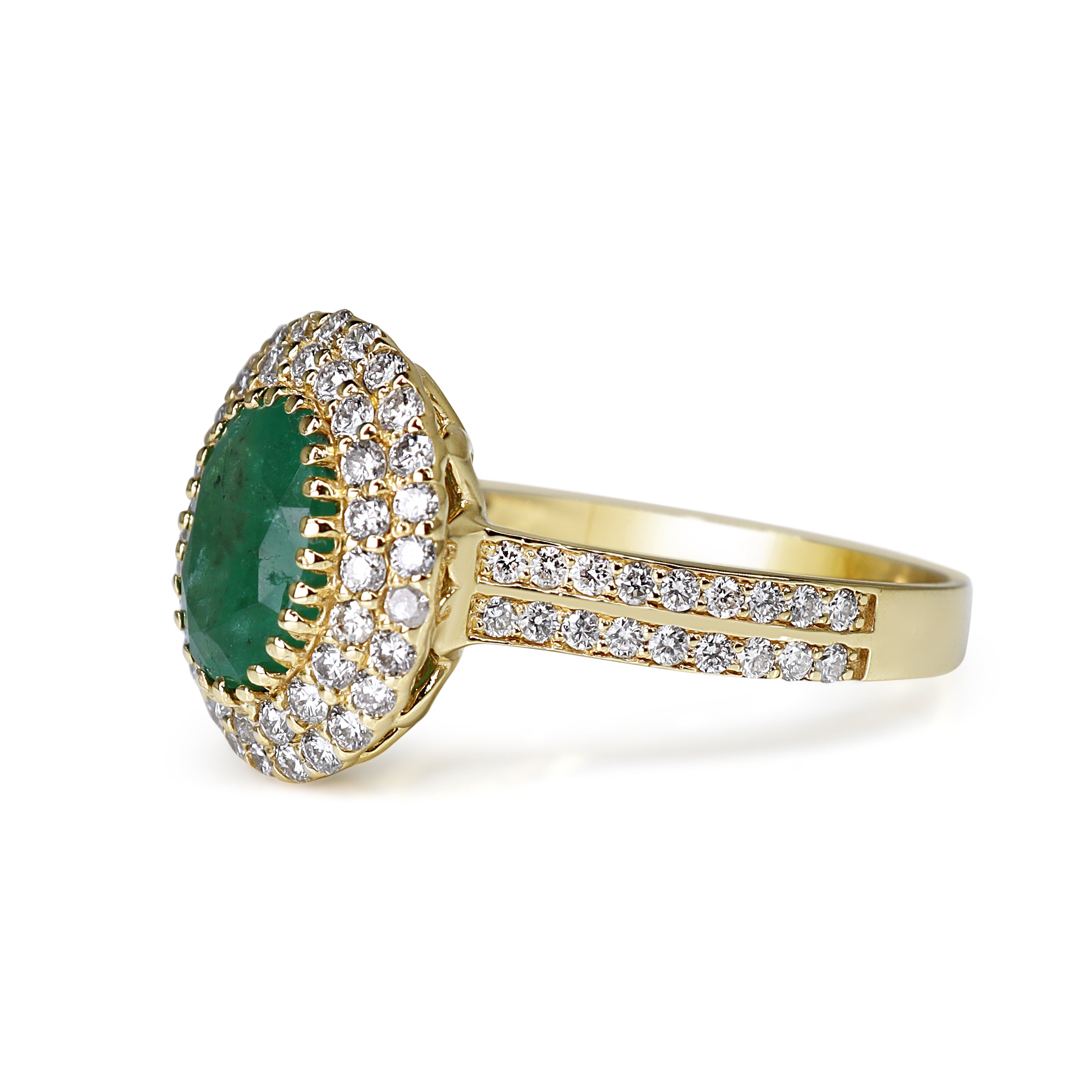 18ct Yellow Gold Emerald and Double Diamond Halo Ring