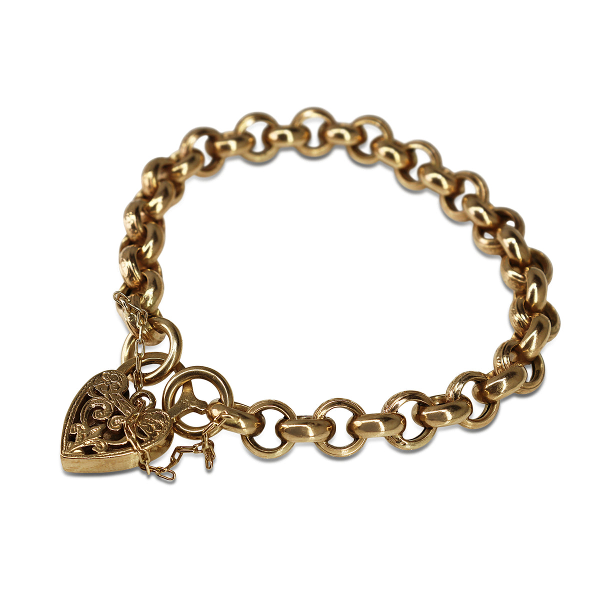 9ct Yellow Gold Engraved Belcher Link Bracelet with Filigree Heart Padlock