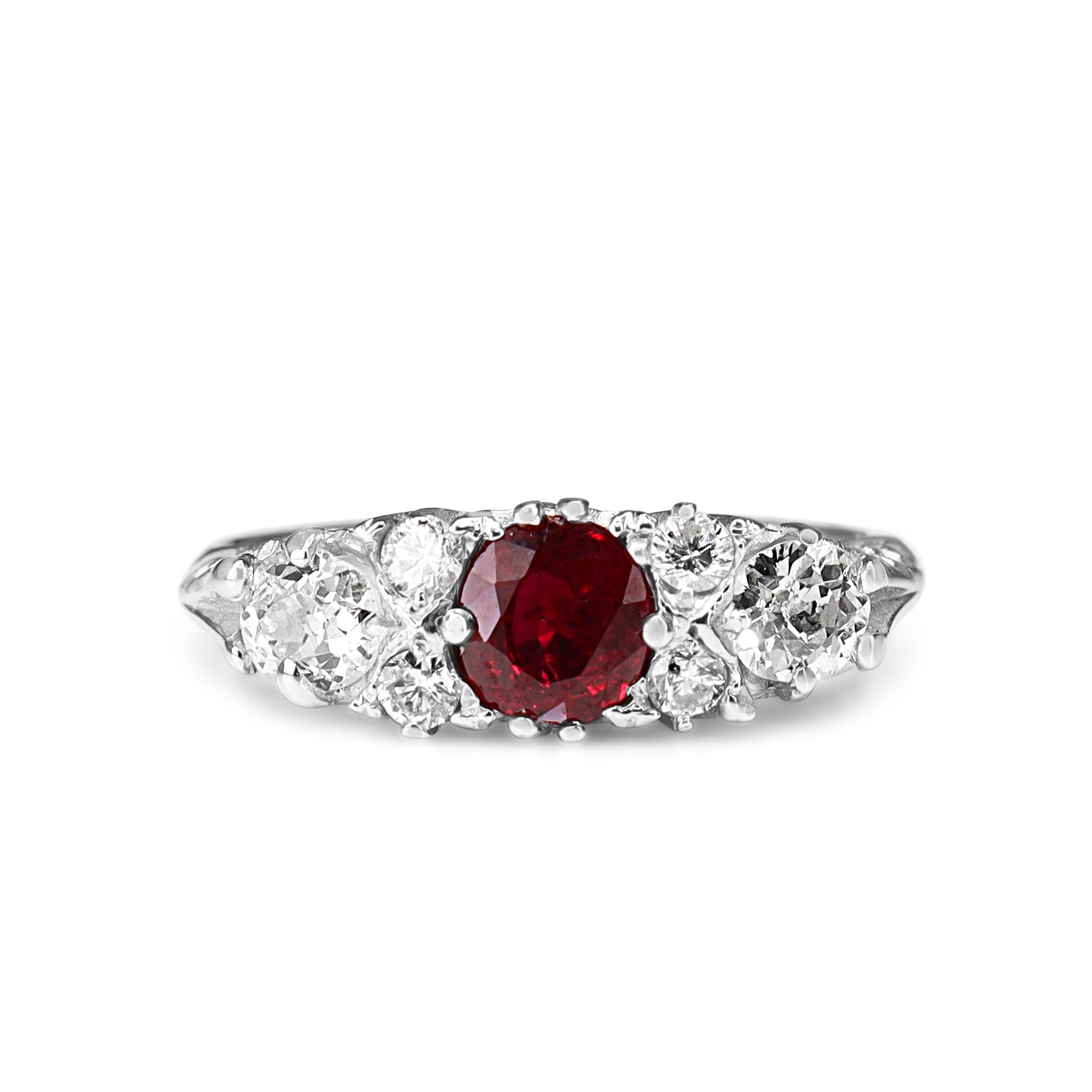 18ct White Gold Ruby and Old Cut Diamond Victorian Style Ring