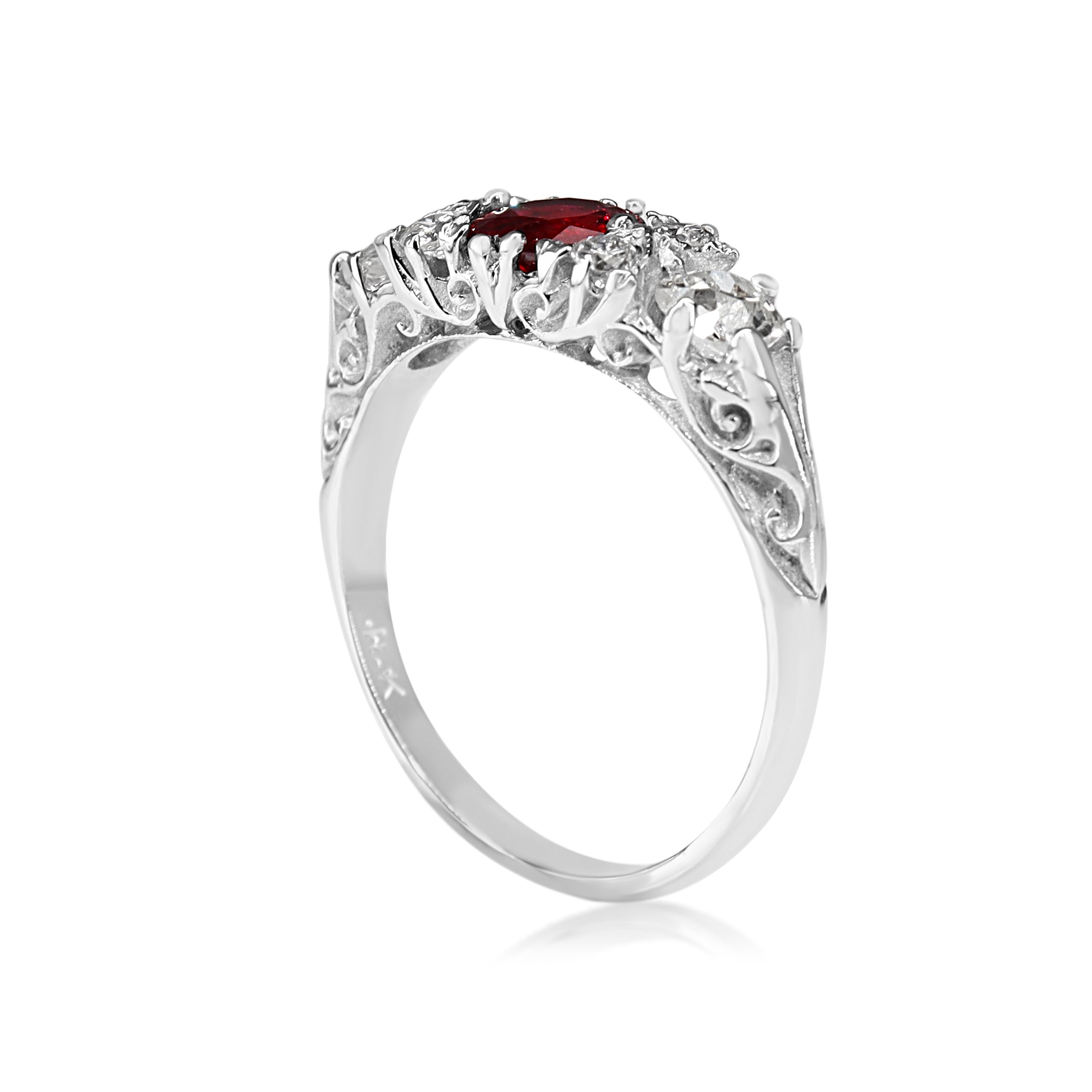 18ct White Gold Ruby and Old Cut Diamond Victorian Style Ring