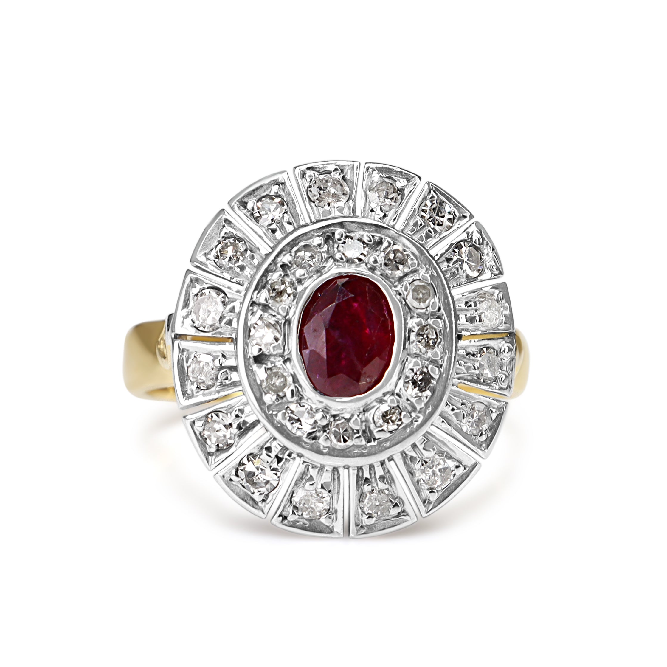 18ct Yellow and White Gold Ruby and Single Cut Diamond Vintage Halo Ring