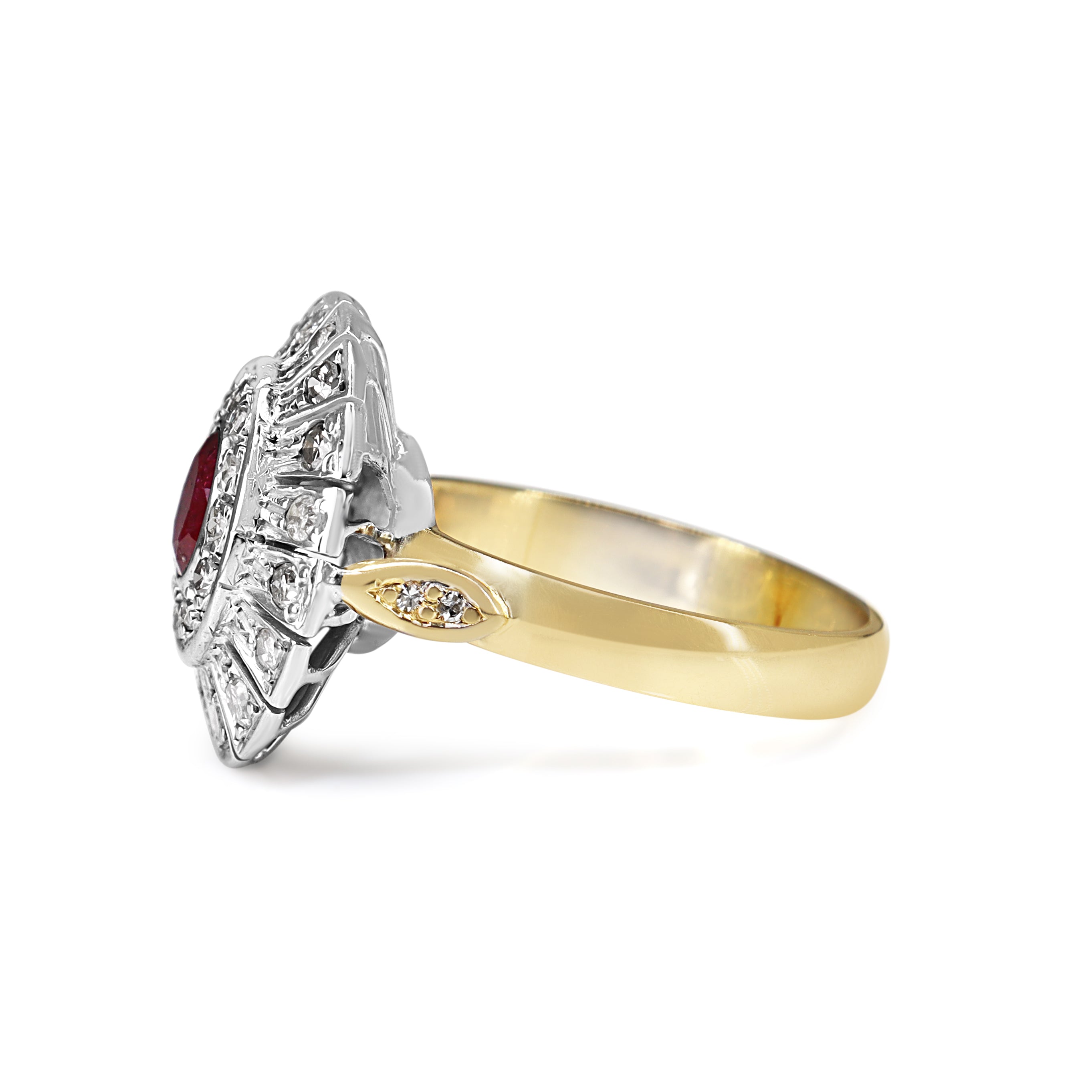 18ct Yellow and White Gold Ruby and Single Cut Diamond Vintage Halo Ring