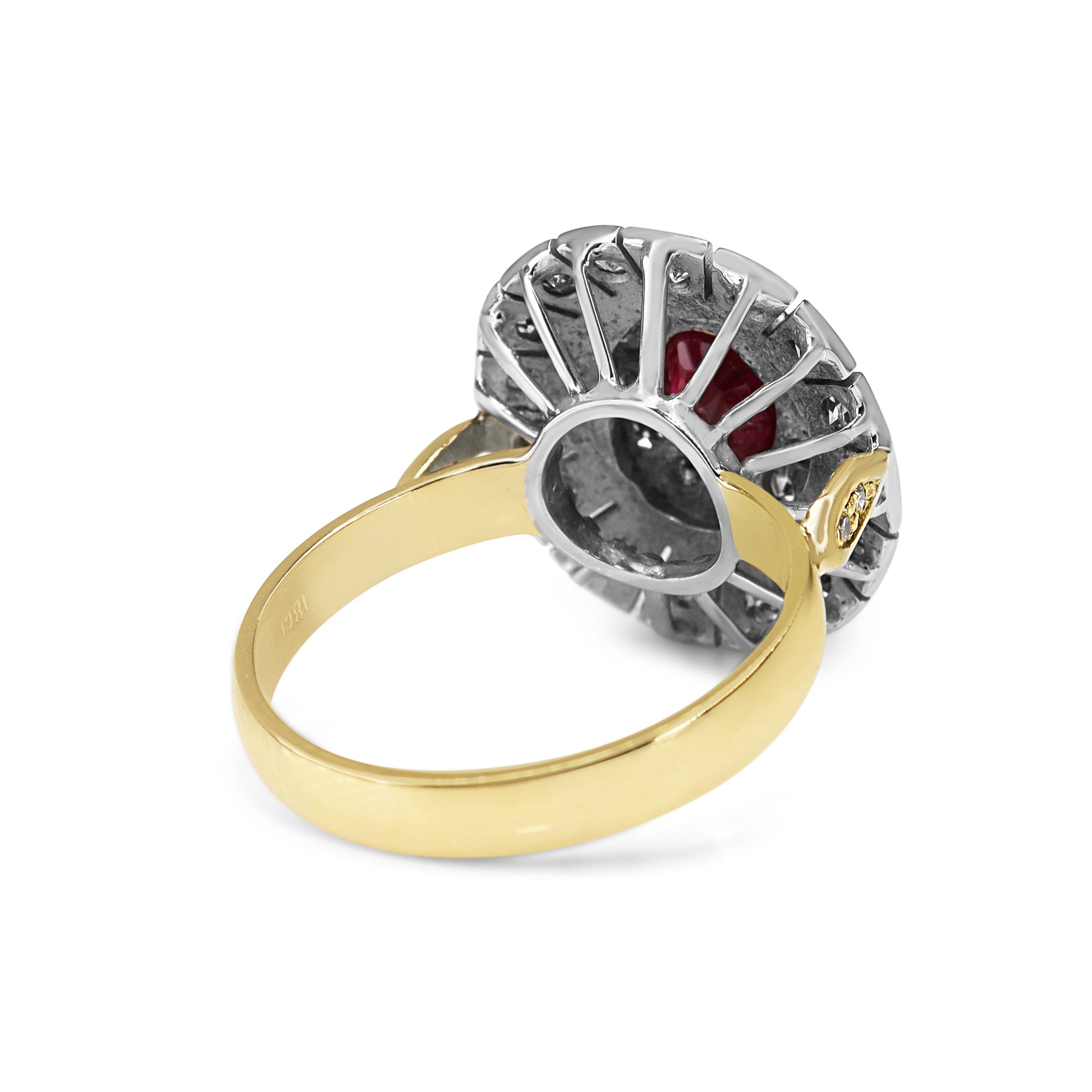 18ct Yellow and White Gold Ruby and Single Cut Diamond Vintage Halo Ring