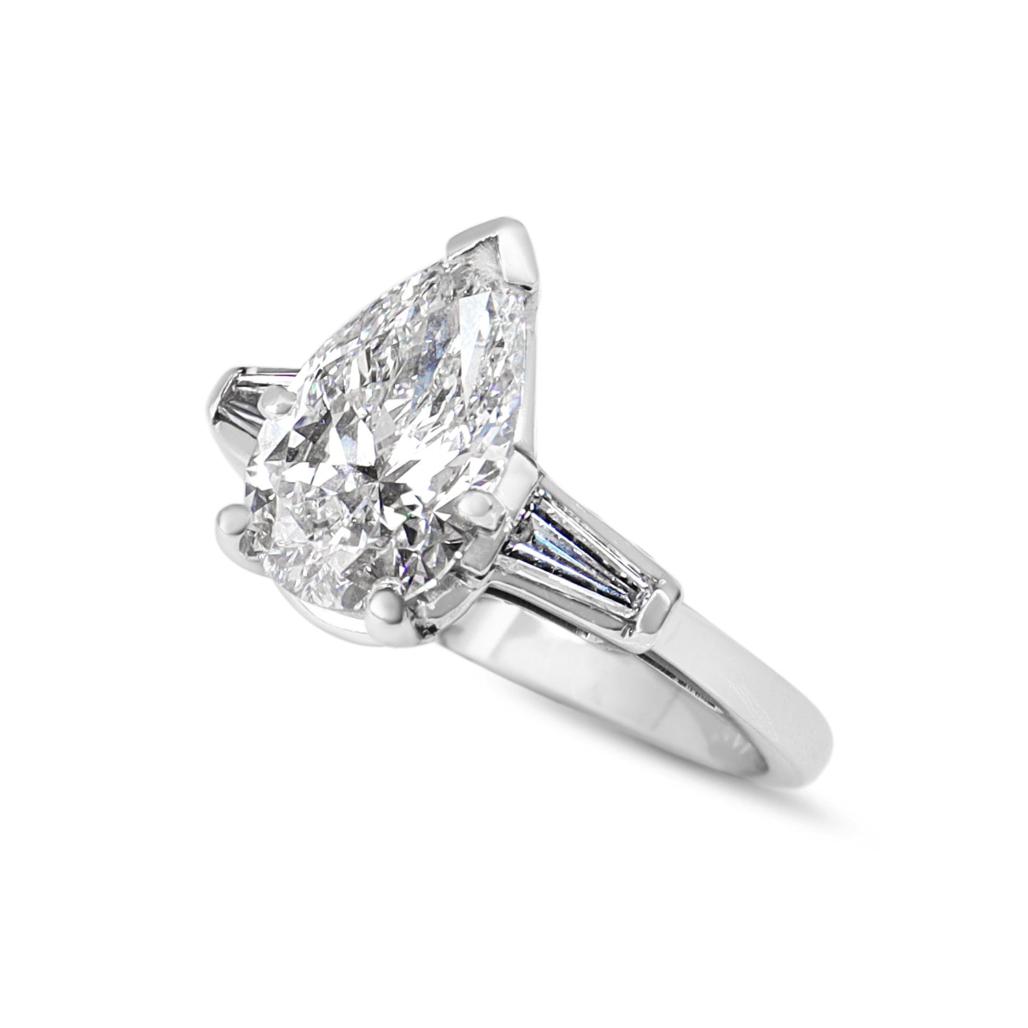 Platinum Lab Grown Pear and Baguette Cut Diamond 3 Stone Ring