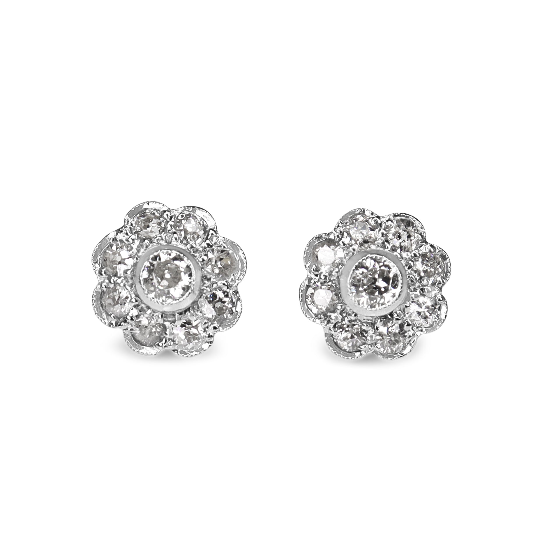 18ct White Gold Antique Old Cut Diamond Daisy Stud Earrings
