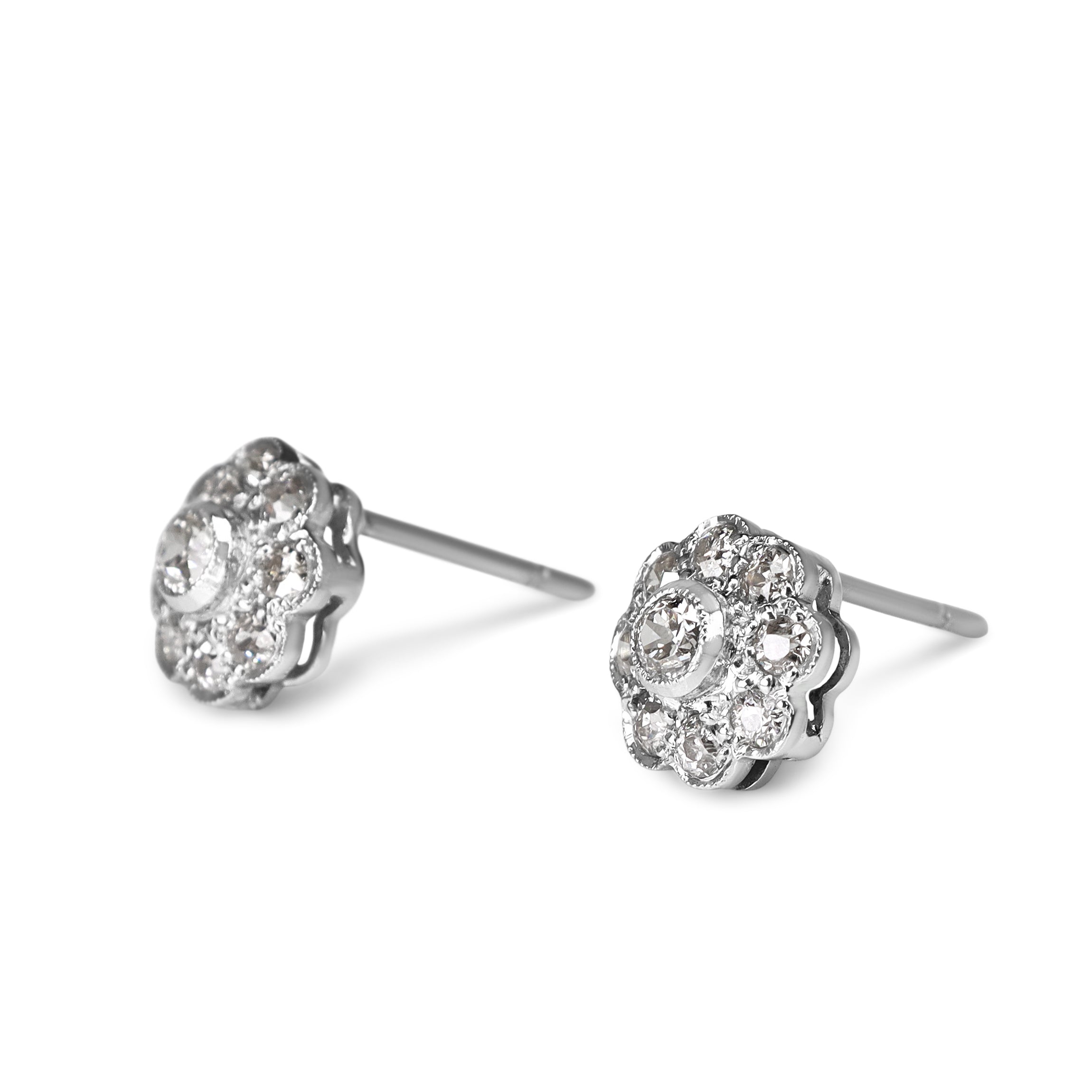 18ct White Gold Antique Old Cut Diamond Daisy Stud Earrings
