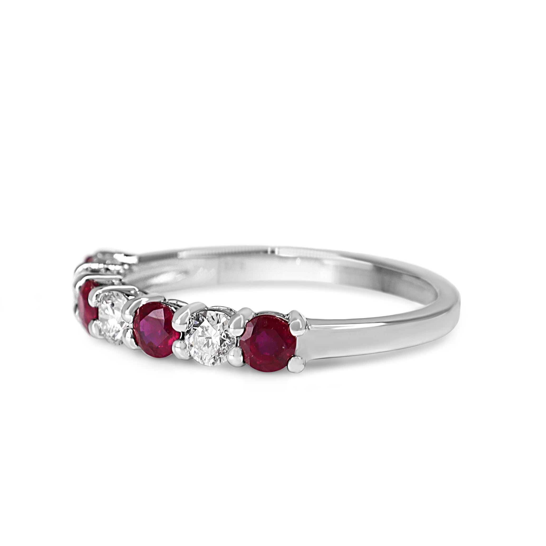 9ct White Gold Ruby and Diamond Shared Claw Band Ring